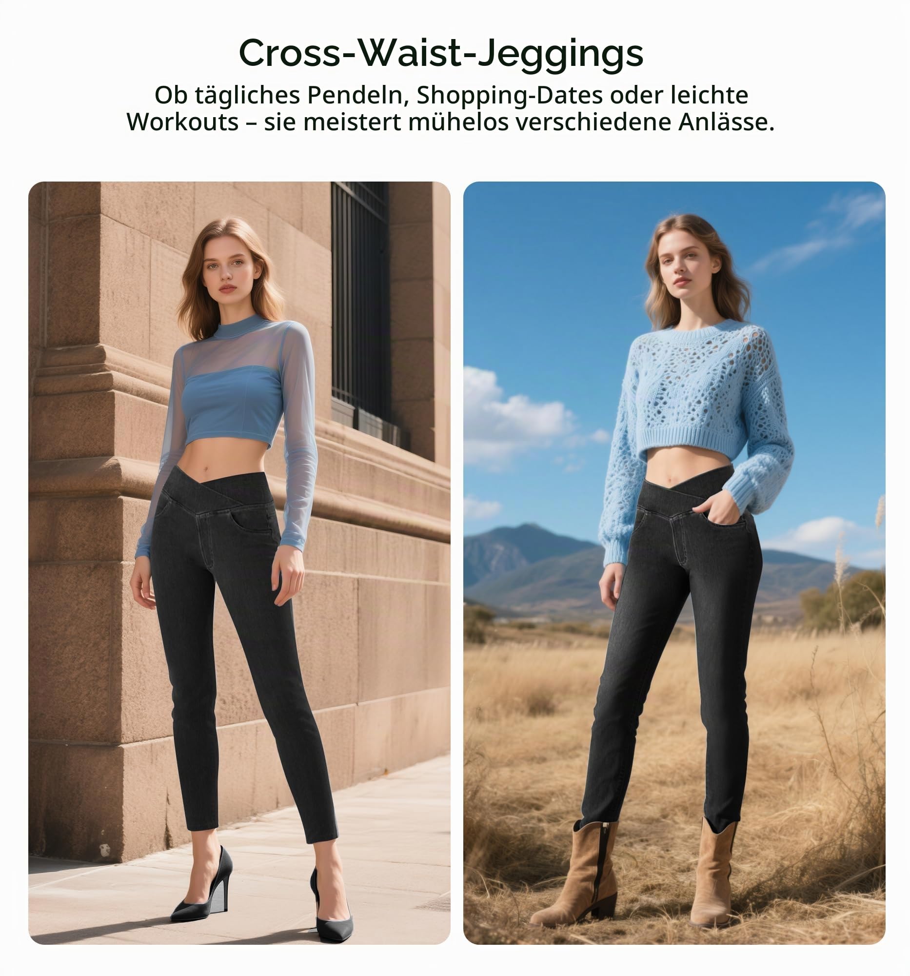 LaiEr V Crossover Skinny Jeans für Damen Hohe Taille, ohne Reißverschluss, Bauchunterstützung, Casual Fitness-Leggings. Hochelastische weiche Stoff Yogahosen mit Taschen