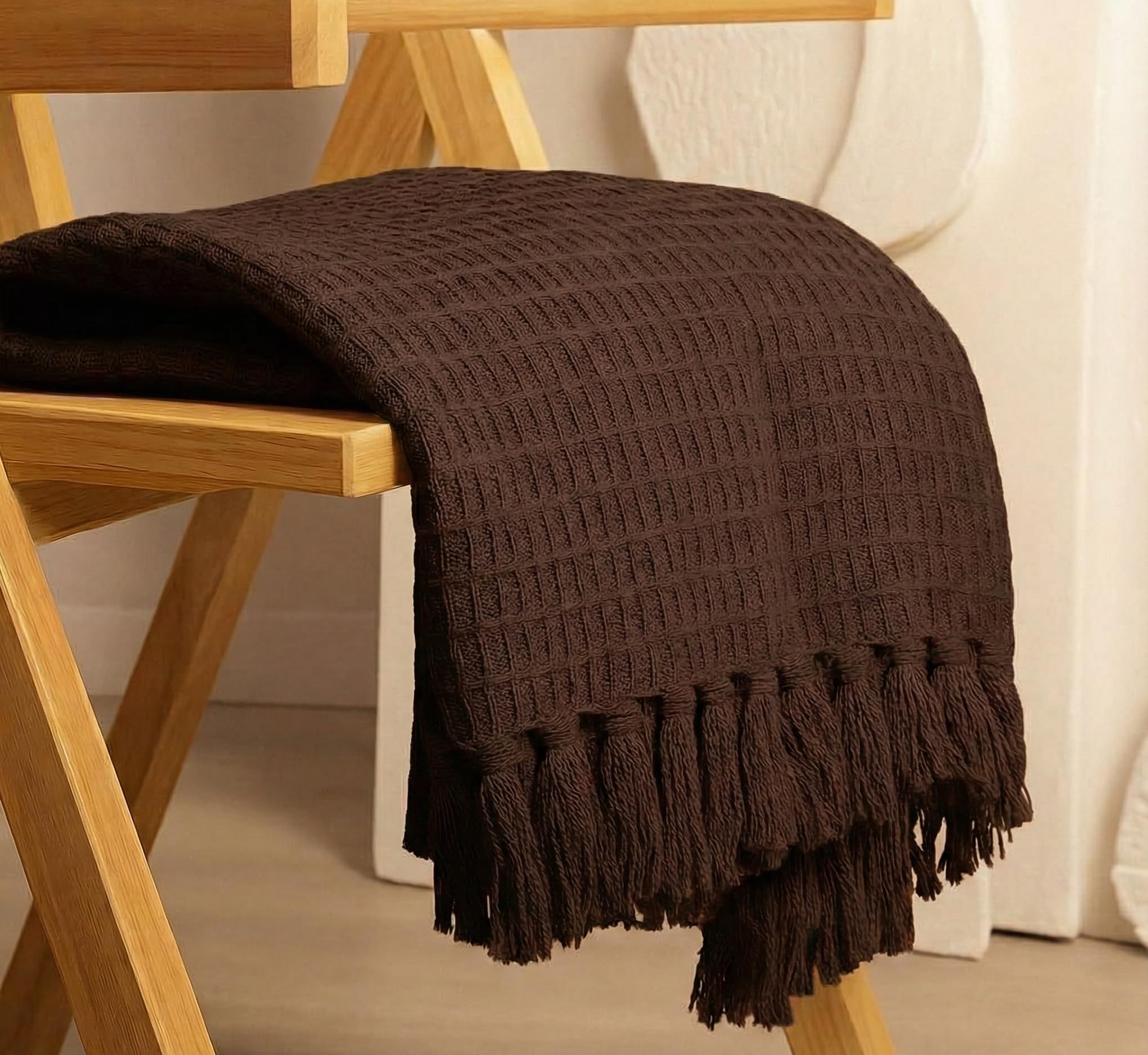Furnistitchs Bohemian Cotton Sofa Throw Blanket 50x60 inches | Waffle Knit & Chevron Pattern with Fringes | Aesthetic Decorative Couch Throw for Living Room & Bedroom (Mustard Waffle)