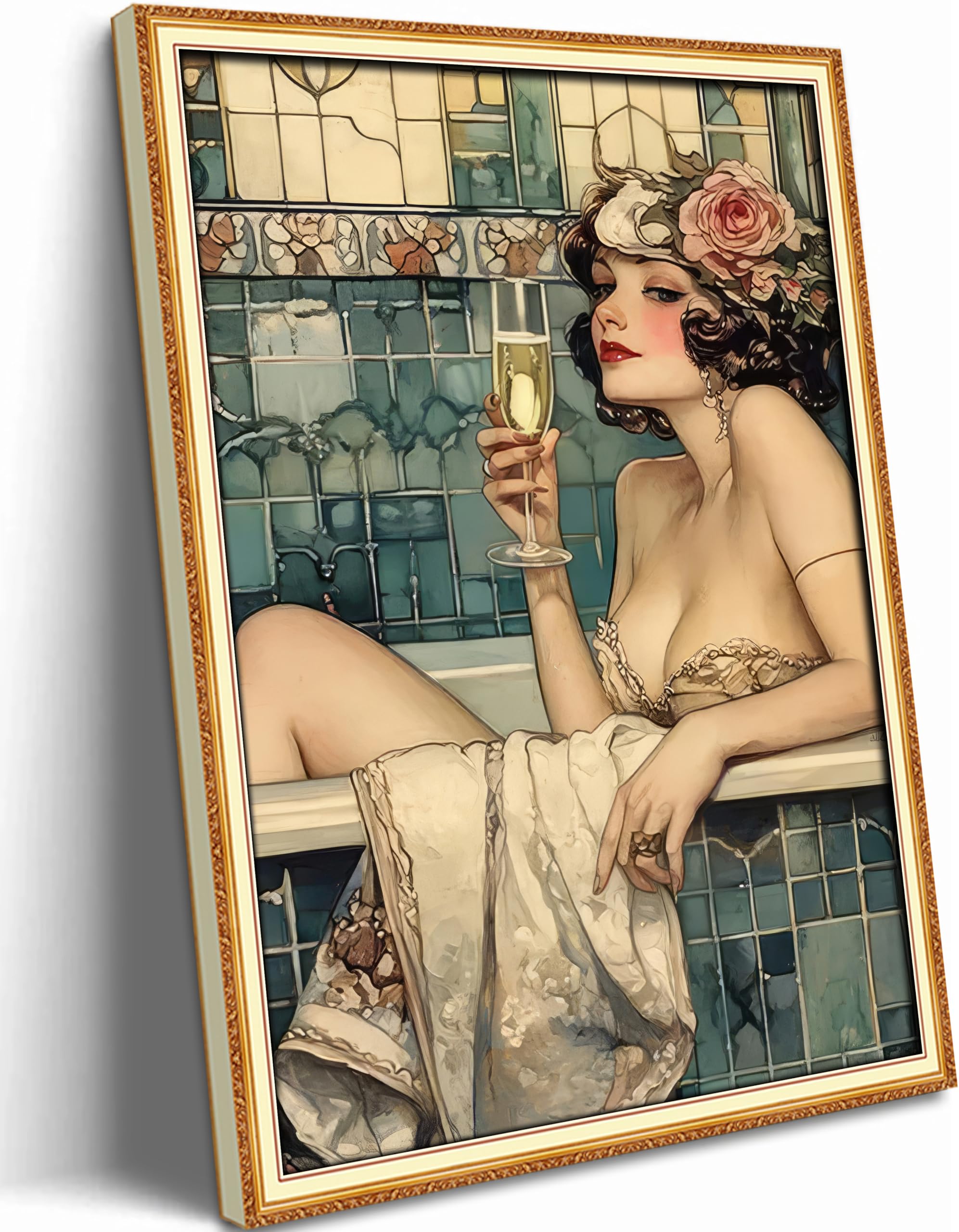 WWN Vintage Bathroom Canvas Wall Art Victorian Funky Woman in Bathtub Picture Wall Decor Trendy Champagne Bar Cart Decor Painting Poster Print for