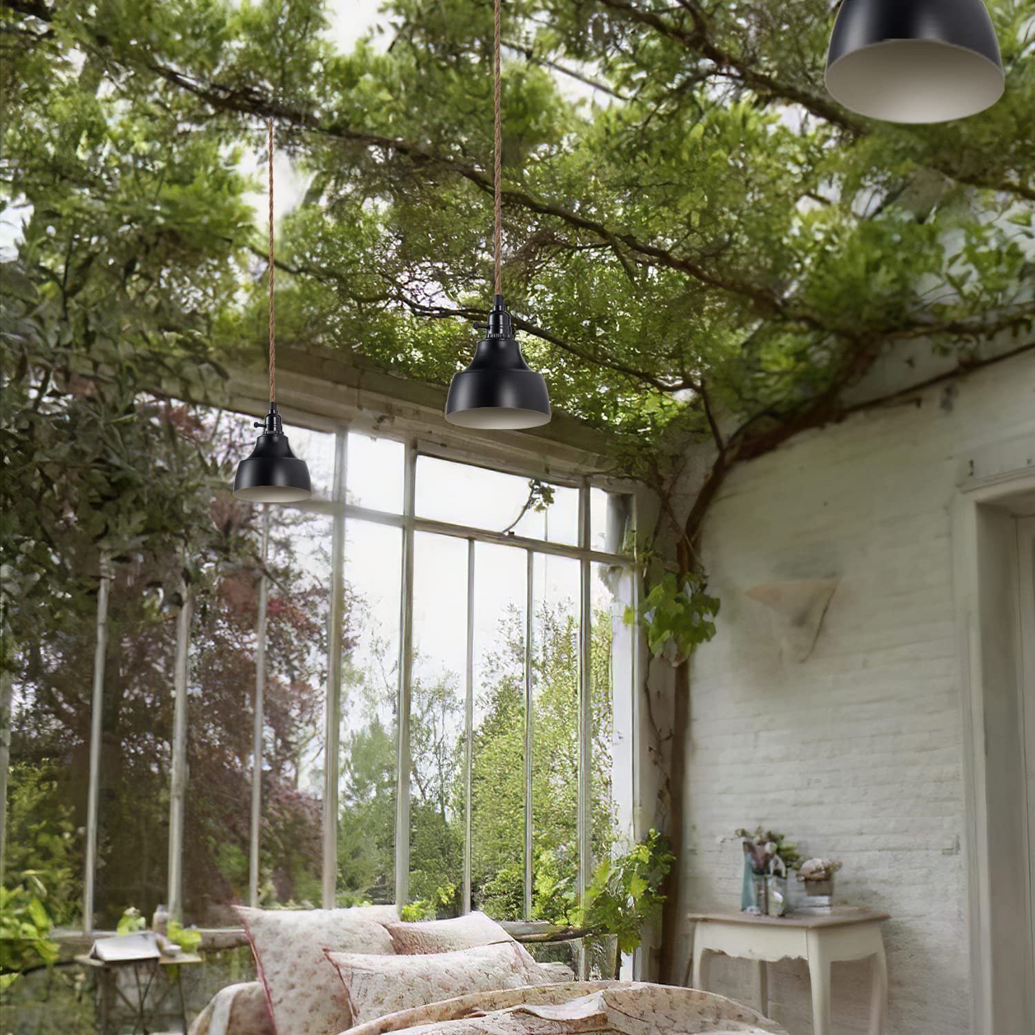 ALAISLYC 3 Light Plug in Pendant Light Cord 22FT Industrial Farmhouse Hanging Lamp with Twisted Hemp Rope Independent Triple Switch Hanging Light Chandelier for Dining Room Kitchen Black Finish