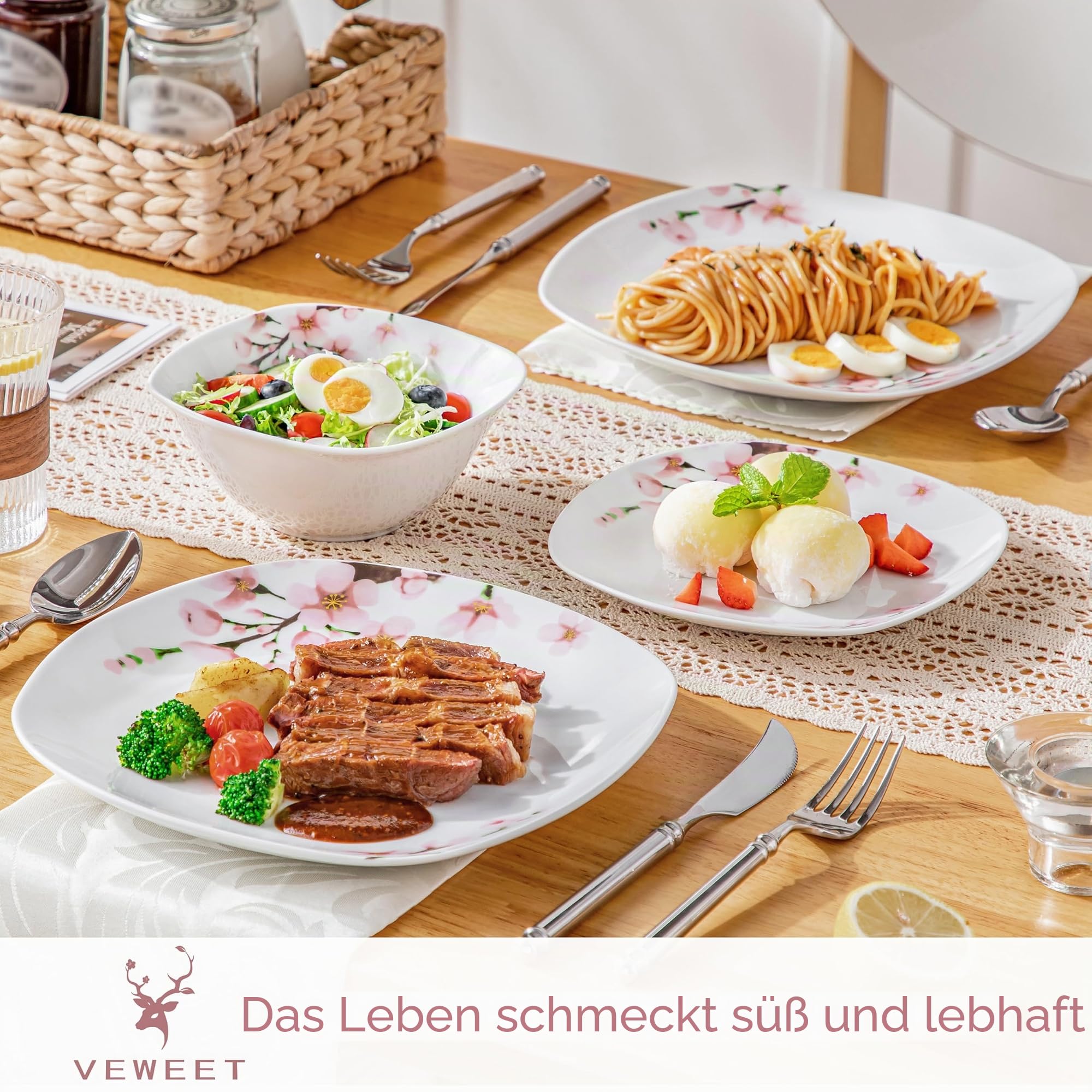 VEWEET Serie ANNIE 12-teiliges Porzellan Geschirrset für 4-12 Personen, Weiß mit rosa Blumenmuster, Tafelservice mit 4 Speiseteller, 4 Dessertteller und 4 Müslischalen (Schüssel- und Teller Set)