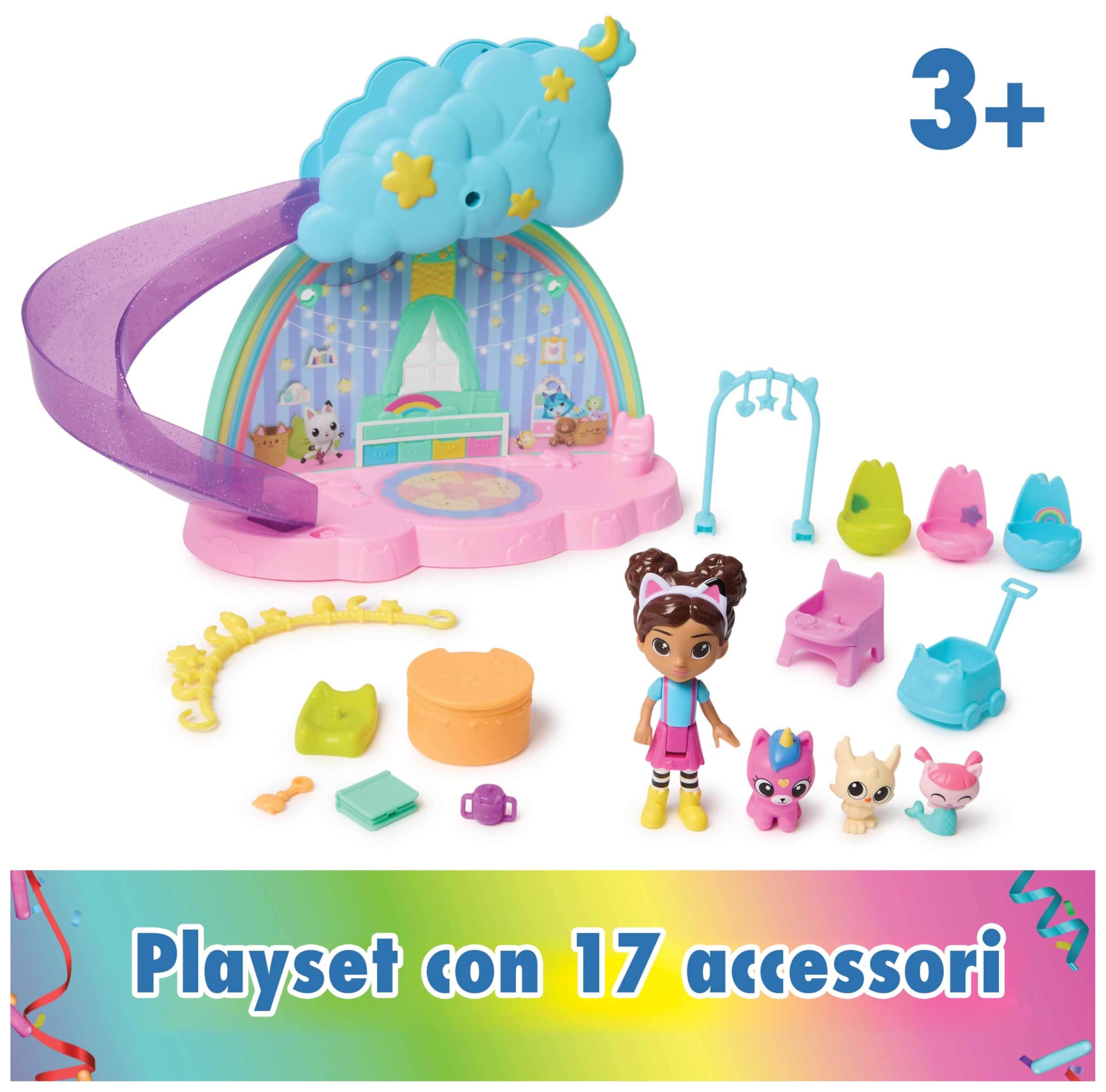 Gabby's Dollhouse, Stanza dei Giochi dell'Asilo Gatto-Orecchio, Set di Gioco da 17 Pezzi con 4 Personaggi e Mobili per la Casa delle Bambole, Giocattoli per Bambine e Bambini, 3+ Anni