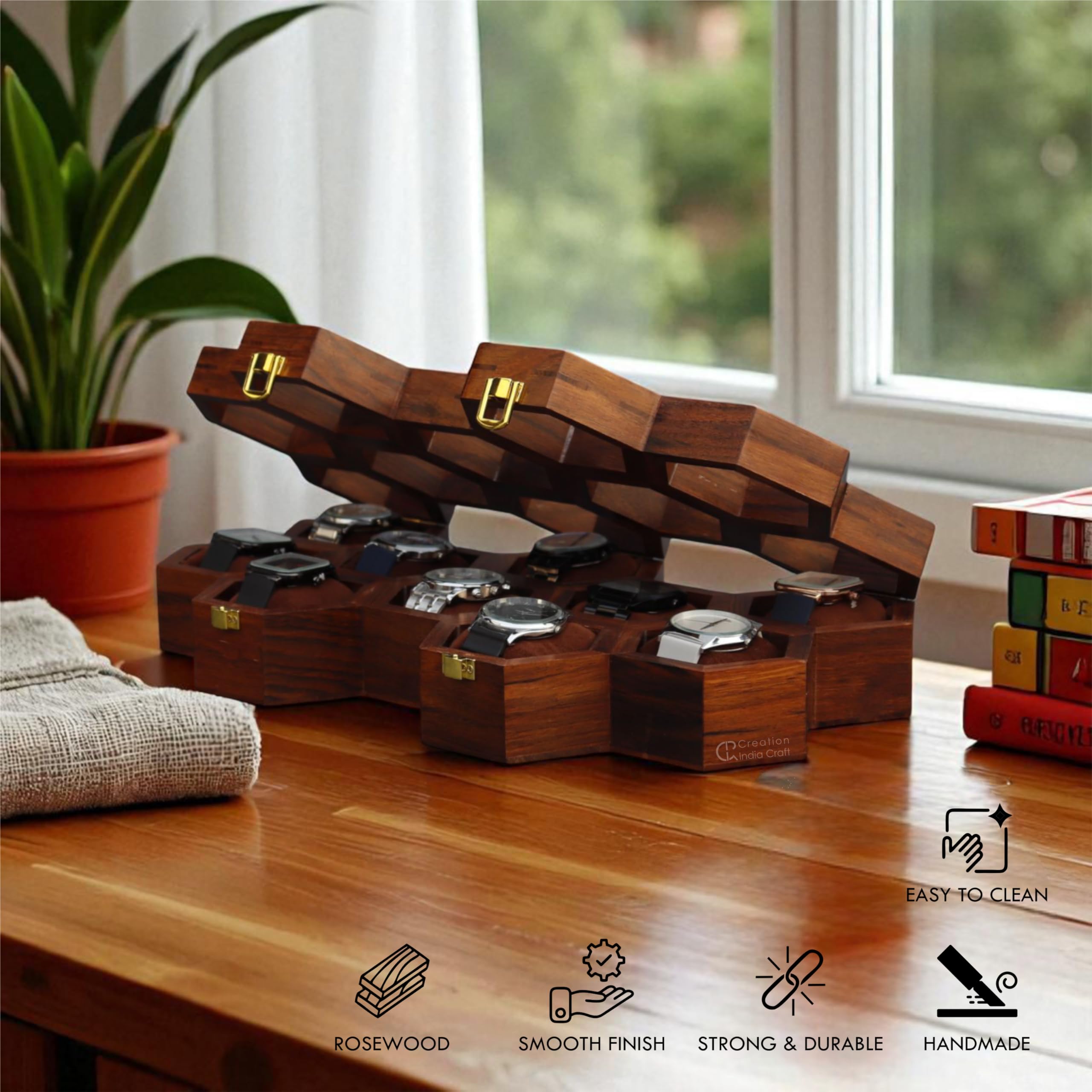 Vintage-Uhrenbox aus Holz für Herren, Uhren-Vitrine, Aufbewahrungs-Organizer, Schmuckschatulle für Frauen, Geschenk für Männer, antikes Holz, handgefertigte Kissen und