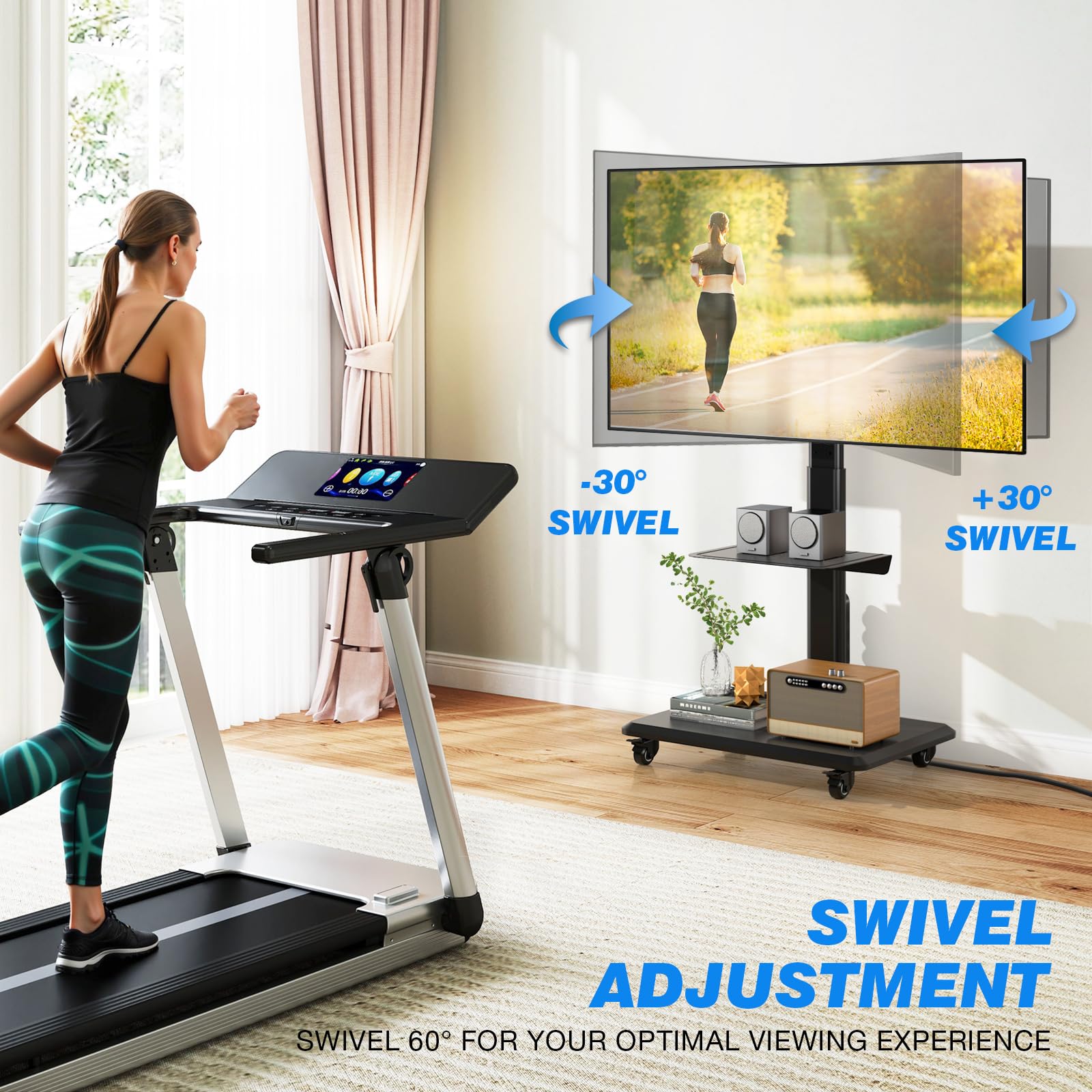 5Rcom Supporto TV Mobile su Ruote per Televisori Curvi da 32-55 Pollici, Supporto TV Girevole con Base in Legno, Altezza Regolabile con un Ripiano, Max VESA 400x400 mm fino a 35 kg