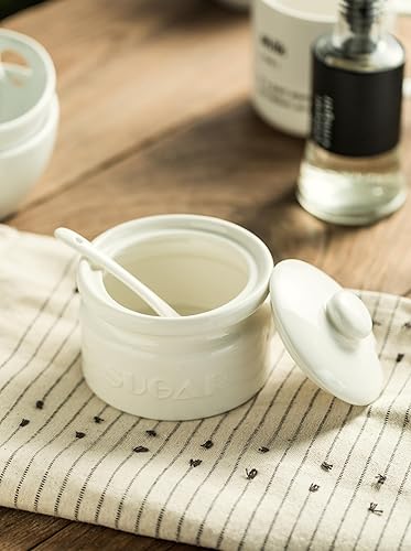 Miniatura 7 de Gomakren Azucarero con tapa y cuchara, contenedor de azúcar de 10 onzas, tarro de azúcar de cerámica para cafetería, cocina, encimera, decoración