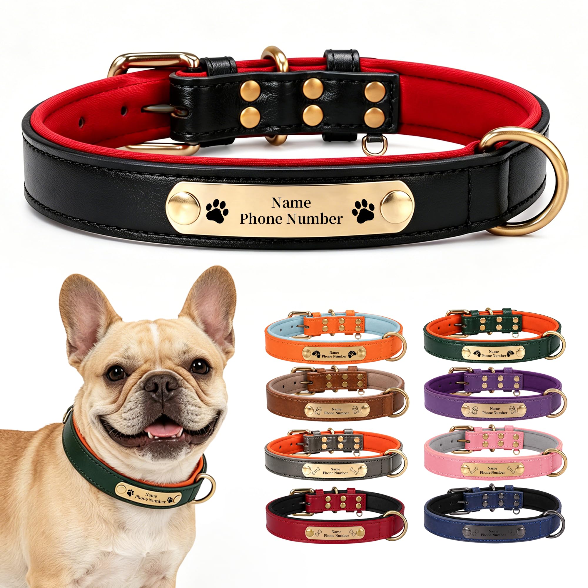Personalised Leather Dog Collar – PU Leather Collar with Engraved Name & Phone Number Plate, Soft Padded Inner Lining, Adjustable Durable Collar for Small, Medium & Large Dogs(S/Neck: 26-32 cm)