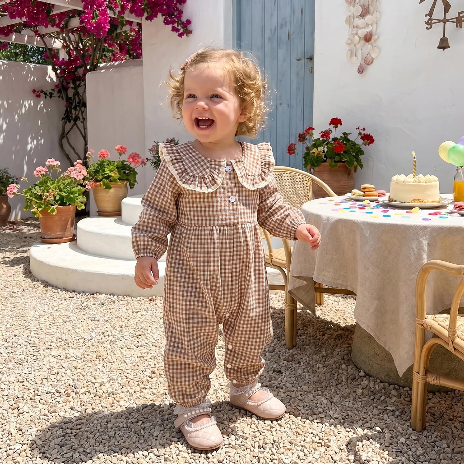 BULINGNA Infant Baby Girl Plaid Jumpsuit Long Sleeve Ruffle Peter Pan Collar Gingham Romper Fall One Piece Outfit