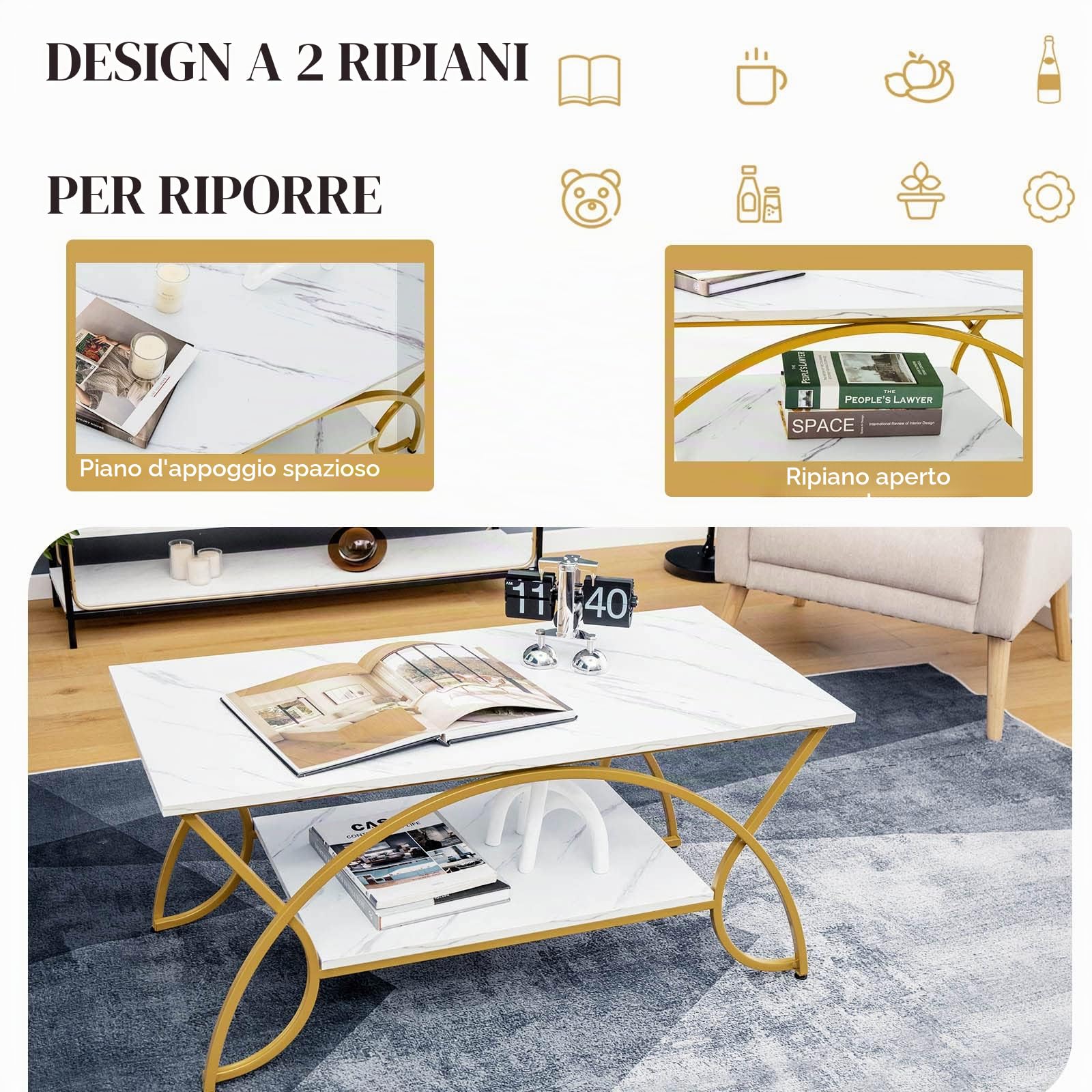 LIFEZEAL Tavolino da Salotto, con Effetto di Marmo, Tavolino Basso a 2 Ripiani, Tavolino da Caffè, da Divano, Moderno, Gambe Curve in Metallo, Montaggio Semplice, Soggiorno, Max 70kg, 100x50x45cm, Oro