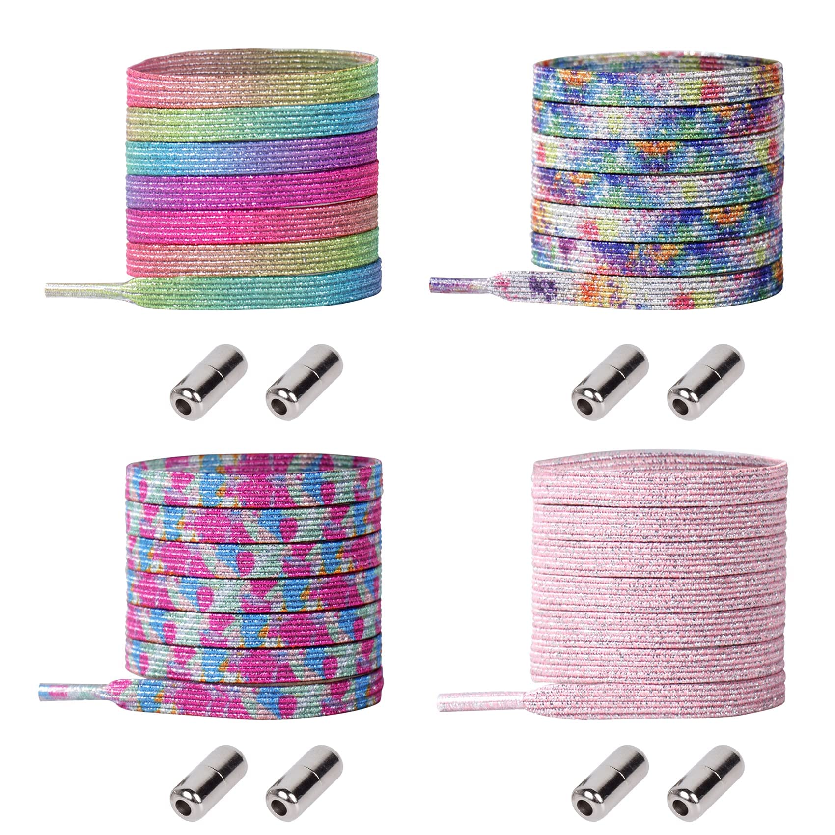 4 Pair No Tie Laces Elastic Shoelaces Universal Quick Tie Shoe Laces with Metal Buckle for Kids and Adults (4 Colors)