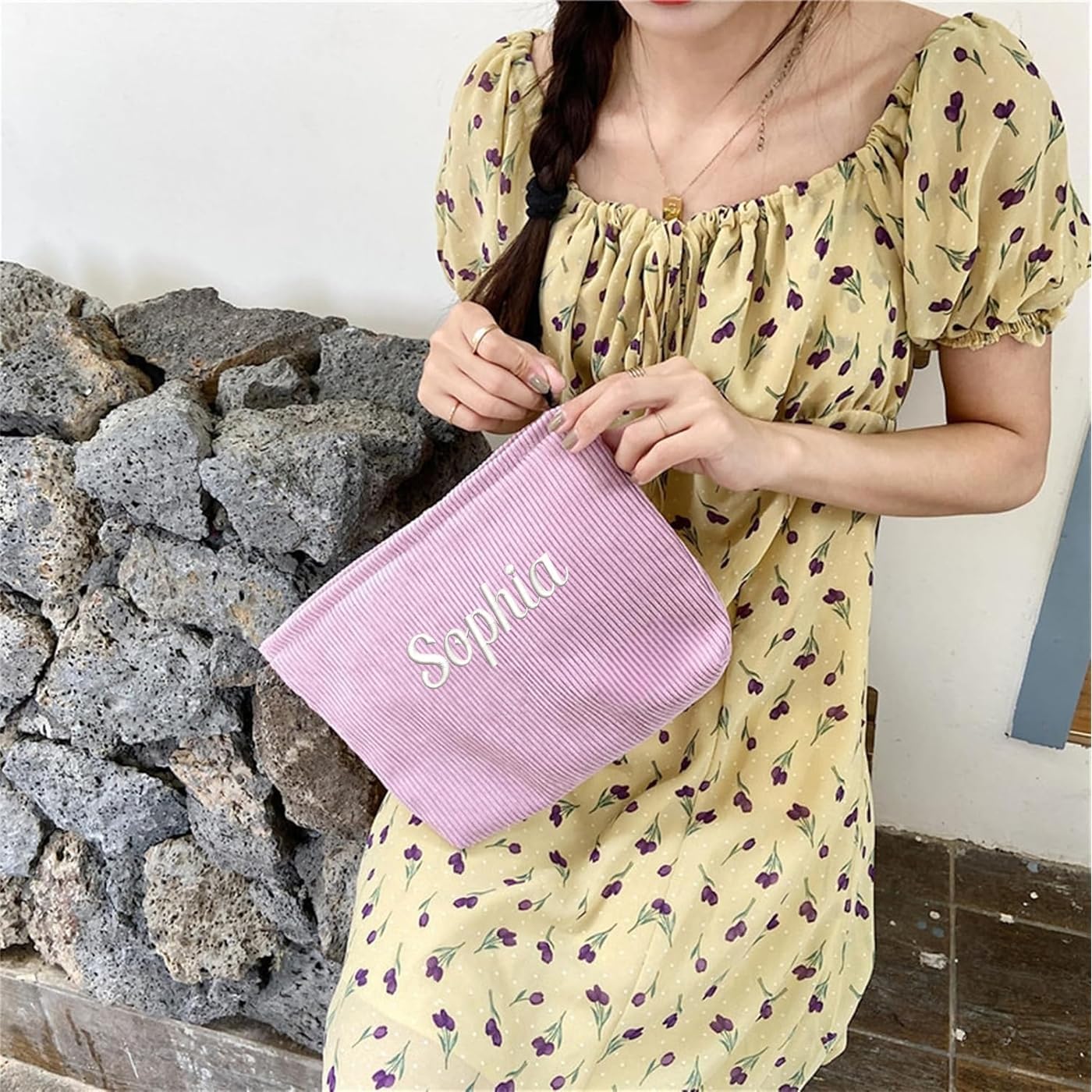 Personalised Corduroy Makeup Bag-Zippered Cosmetic Bag For Women Custom Embroidered Makeuo Pouch Organizer Gift for Her (3, Baby Pink)