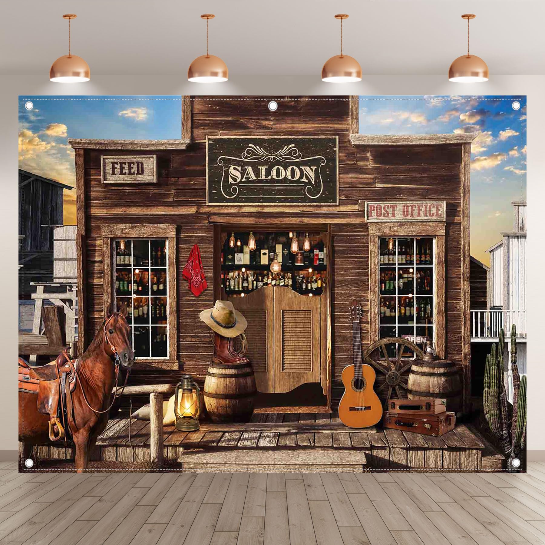 Luminora 2,4 x 1,8 m Toile de fond en tissu pour photographie de cow-boy occidental, bar rustique, maison en bois, arrière-plan du Far West, décorations de fête pour enfants et adultes, bannière photo