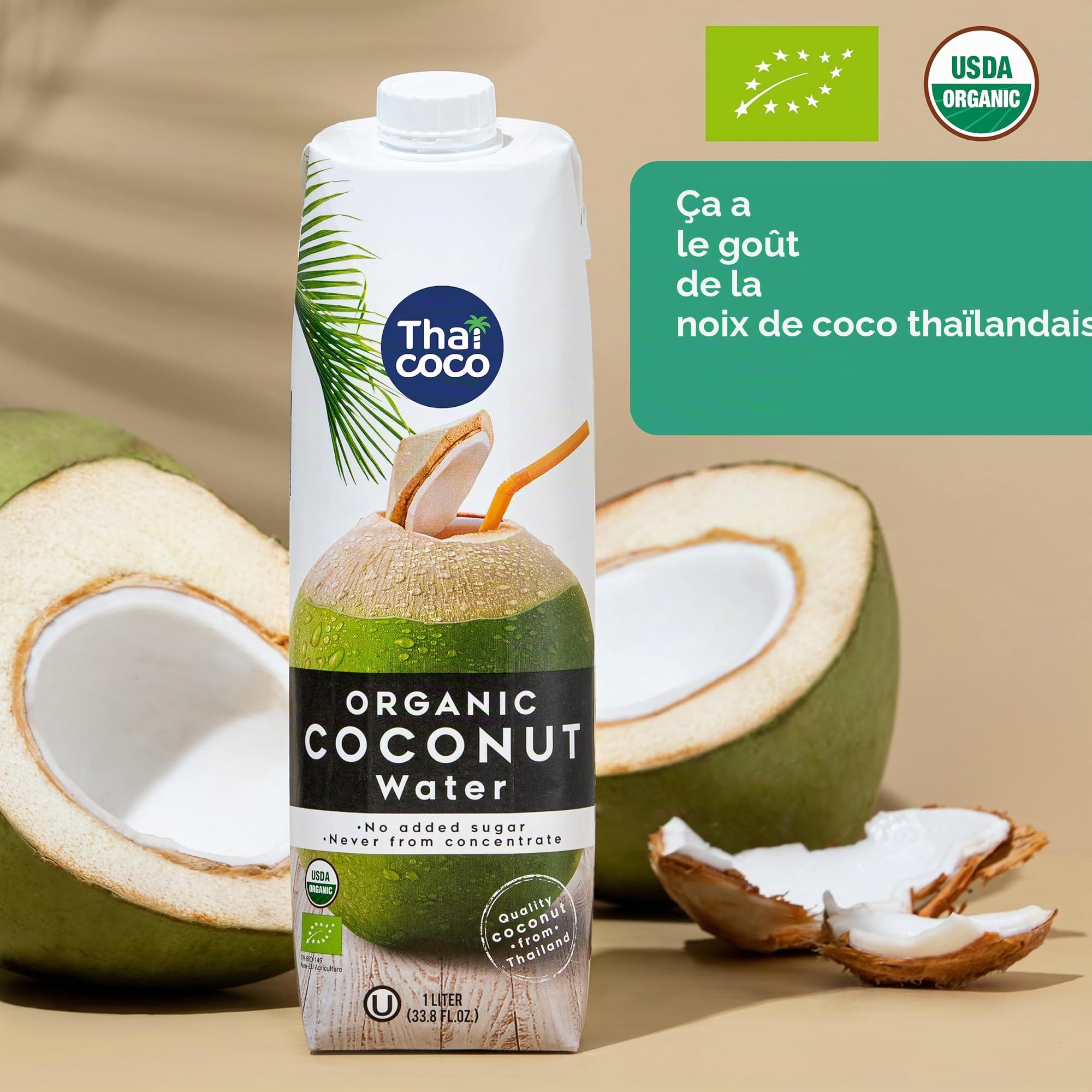 Thai Coco 100% eau de coco bio – Rafraîchissement naturel de Thaïlande – Certifiée biologique, sans sucre, sans ajout de conservateurs, 6 x 1 L Tetra Pak – Goût frais de noix de coco biologiques