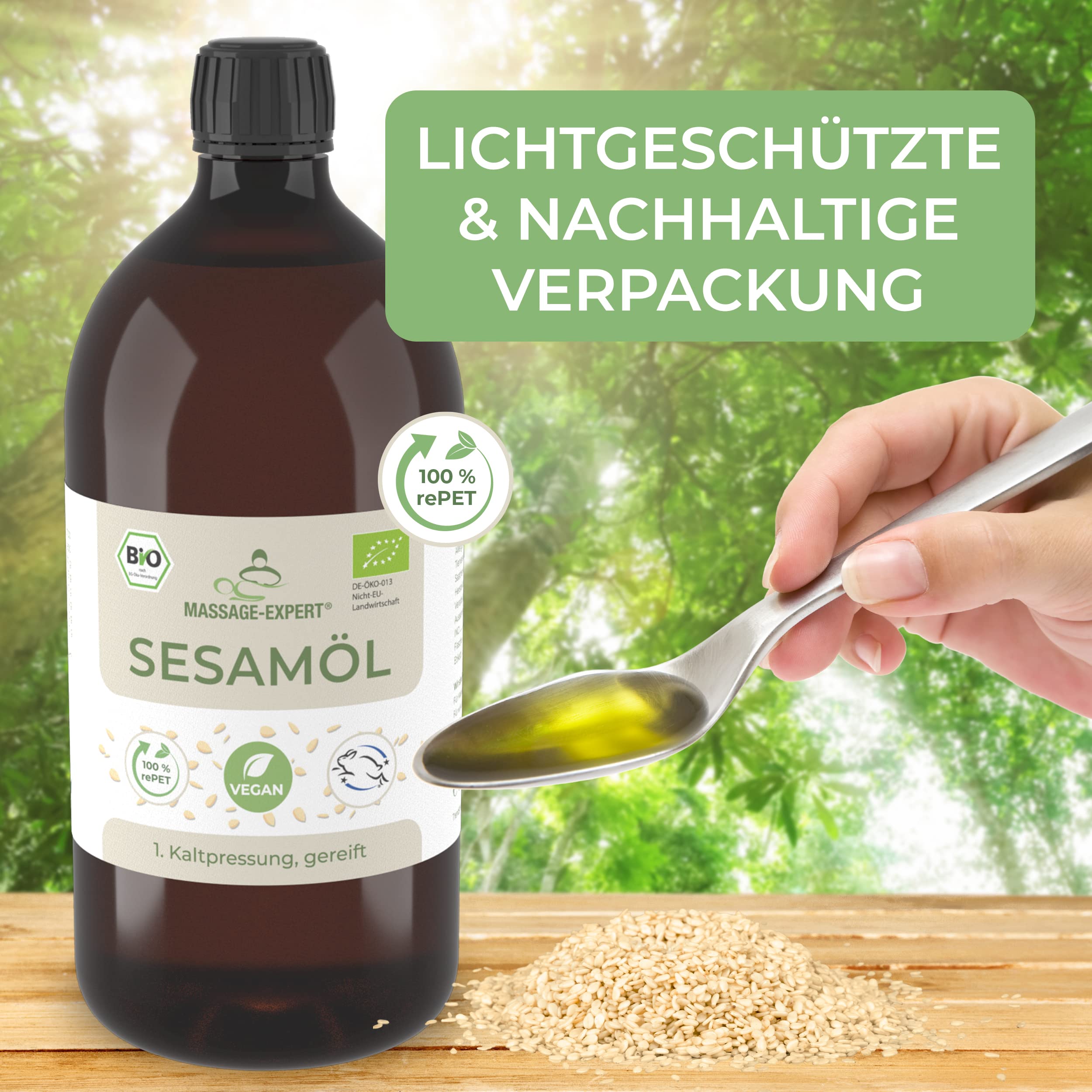 MASSAGE-EXPERT Olio di sesamo biologico spremuto a freddo, olio base stagionato per massaggi, ayurveda, cura della pelle e capelli [1 litro con tappo a spruzzo]