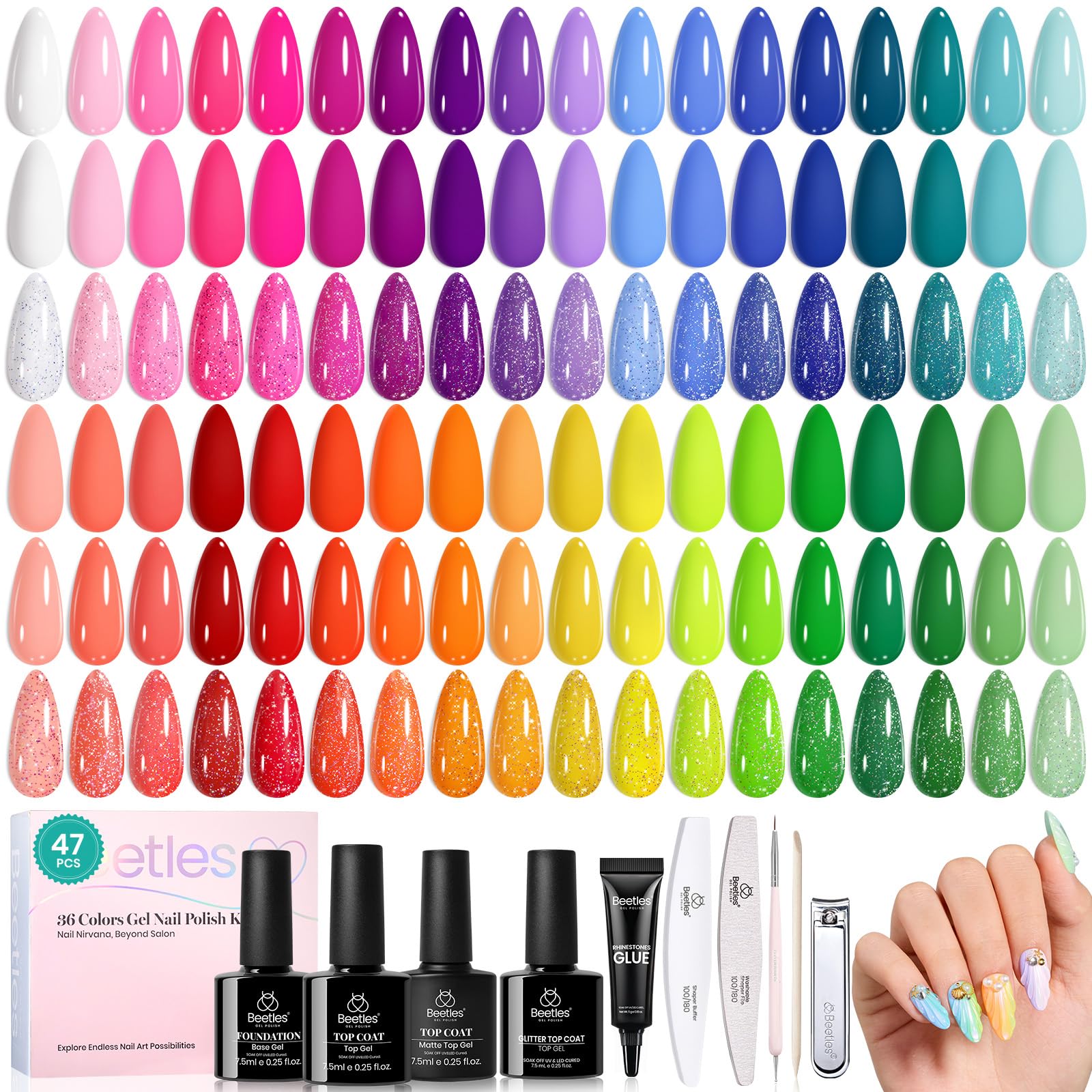 beetles Spring Gel Polish Set - 36 Colors Pastel Neon Gel Nail Polish Pink Red Green Blue Yellow Nail Polish with 4Pcs Base Top Coat Soak off Colorful Collection UV