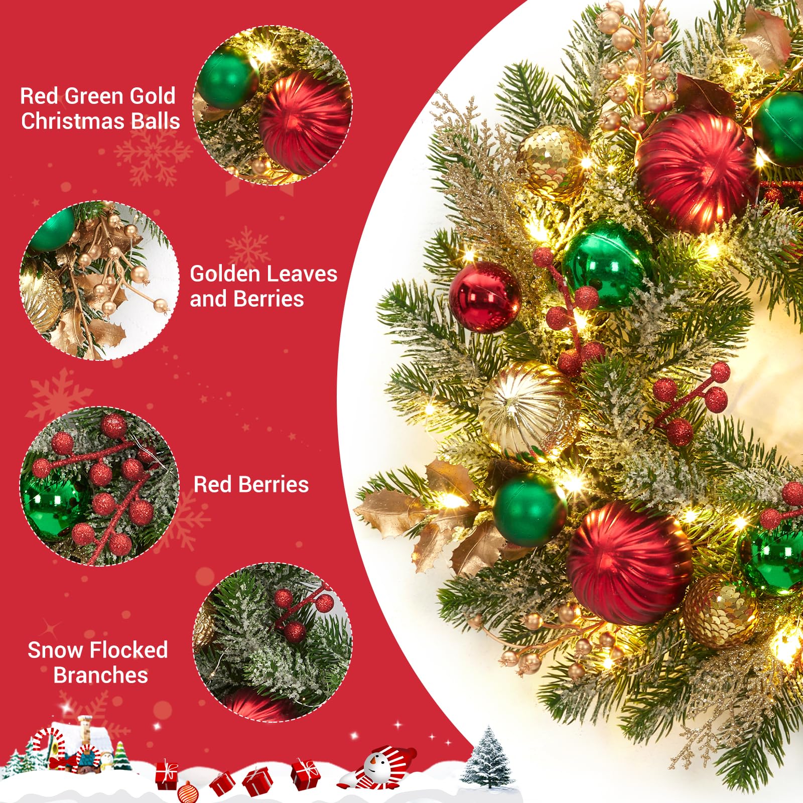 Couronne de Noël de 40,6 cm pour porte d'entrée, couronne de Noël lumineuse avec 30 lumières LED, minuteur, boules de Noël rouges, vertes, dorées, à piles, couronne d'hiver floquée pour