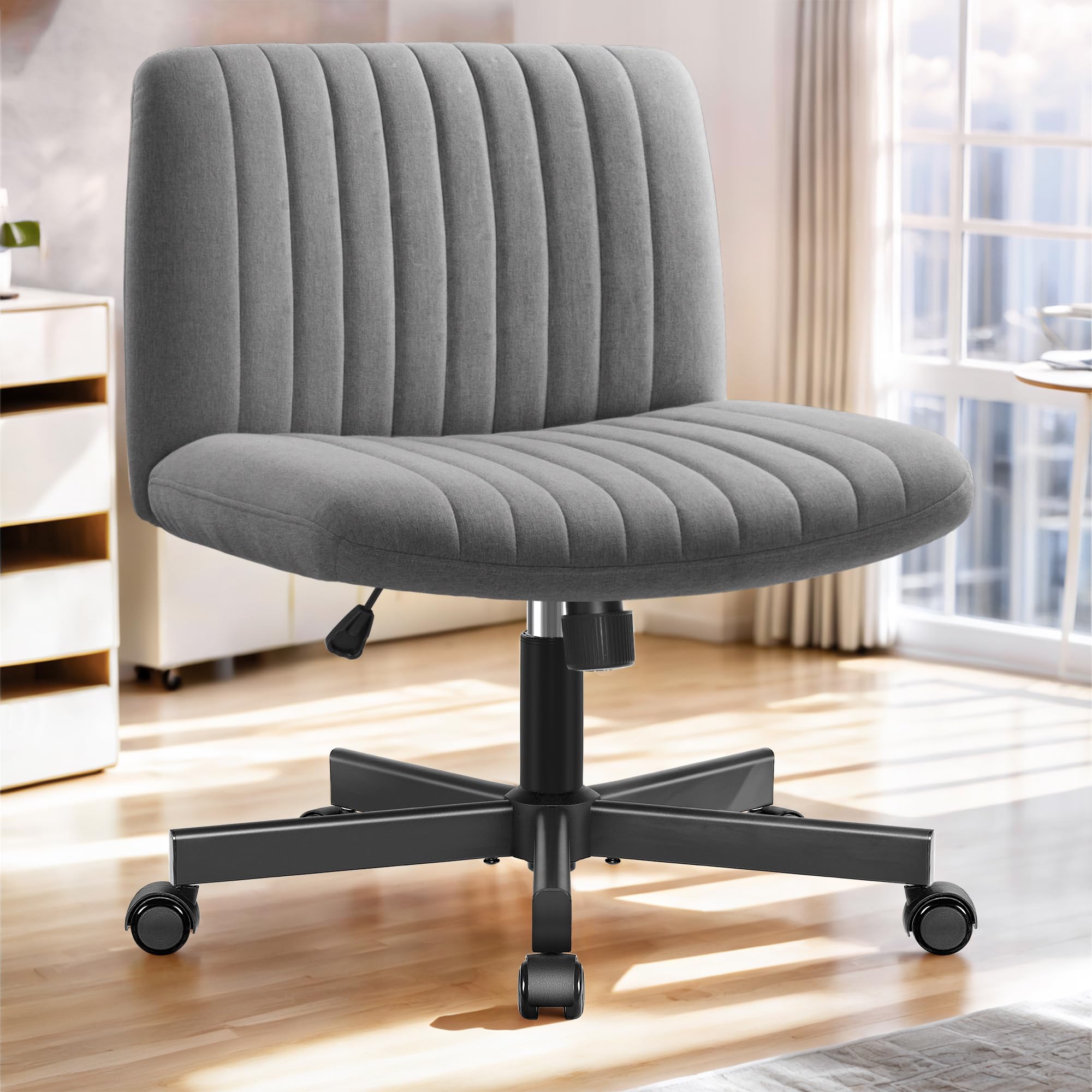 Armless Office Chair with Wheels, Ergonomic Wide Seat Fabric Cross Legged  Desk Chair, Swivel Computer Chair for Home Office, Modern Vanity Chairs Dark