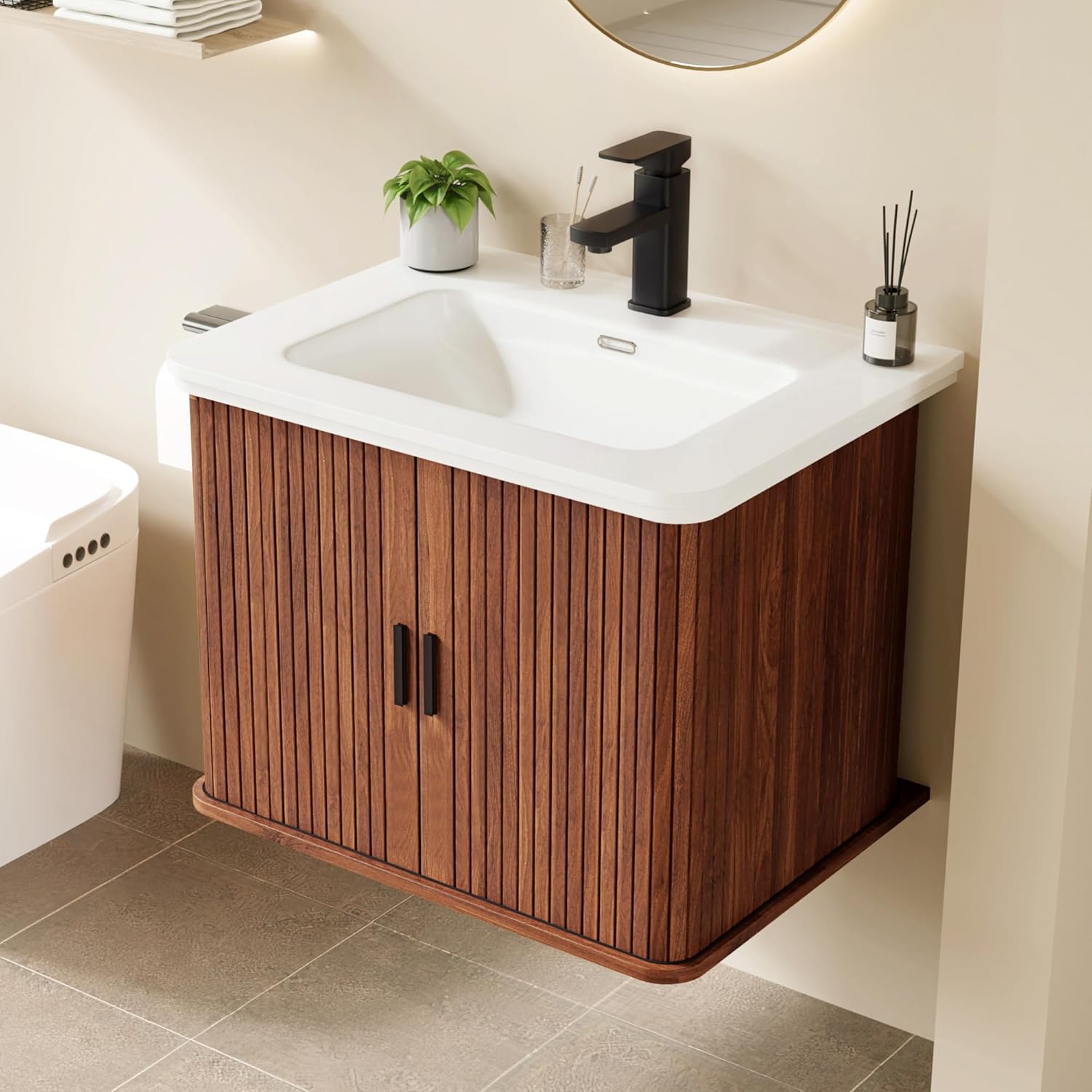 weselon 24 Inch Floating Bathroom Vanity with Sink, Wall Mounted Bath Vanity Combo with Fluted Sliding Doors, Small Space Bathroom Cabinet with Ceramic Vessel Sink, Faucet & Drain Included (Walnut)