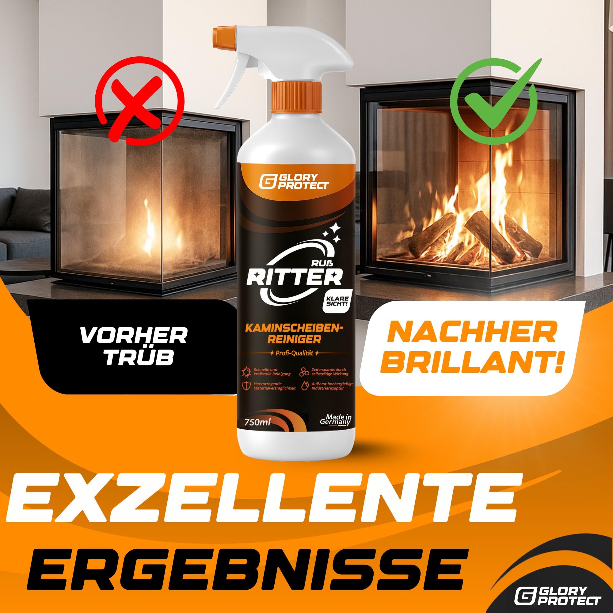 Kaminscheibenreiniger Klare Sicht 750ml XXL Flasche | Entfernt Ruß | Starker Reiniger für Kaminglas & Ofenglas | Sofortwirkung bei verrußter Scheibe, löst Fette & Verschmutzung
