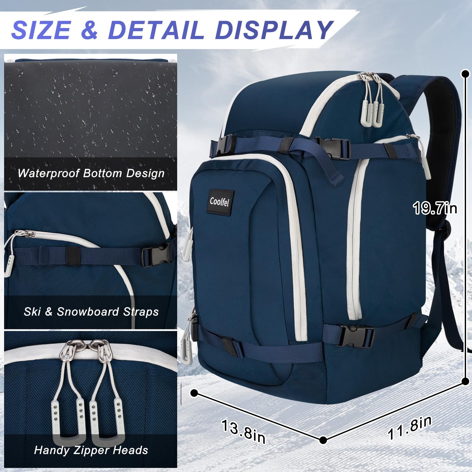 Coolfel Borsa per Scarponi da Sci con Scomparto per Casco, 50L Zaino da Sci Snowboard Pattini a Rotelle, Borsa da Sci Impermeabile per Casco, Giacca, Occhiali, Guanti