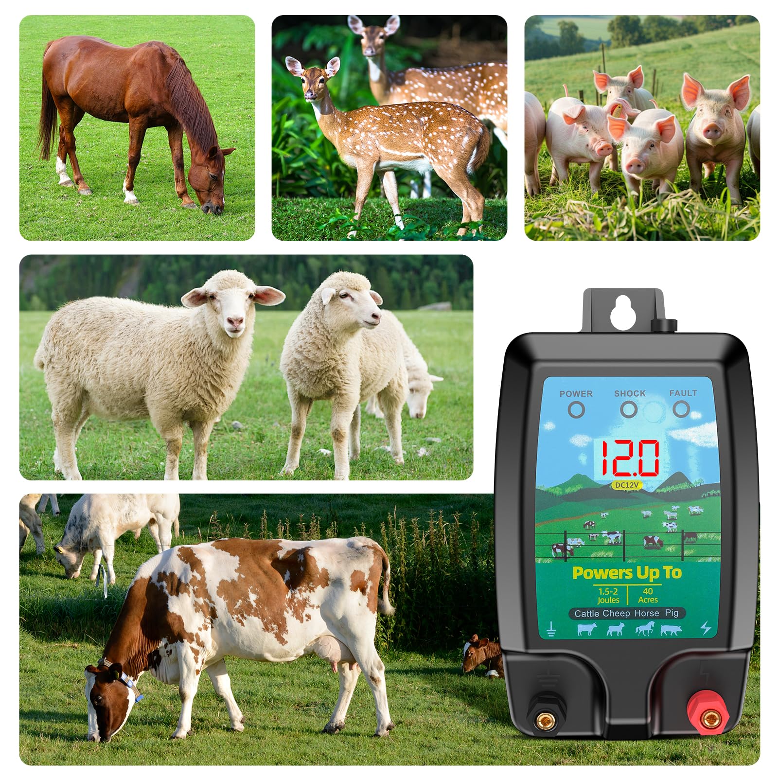 10KM Cerca Eléctrica para Animales, Energizador de Cerca Eléctrica 2J con Pantalla LCD, Controlador de Pulso de Alto Voltaje, Cerca Eléctrica Segura para Granjas, Jardines y Pastos