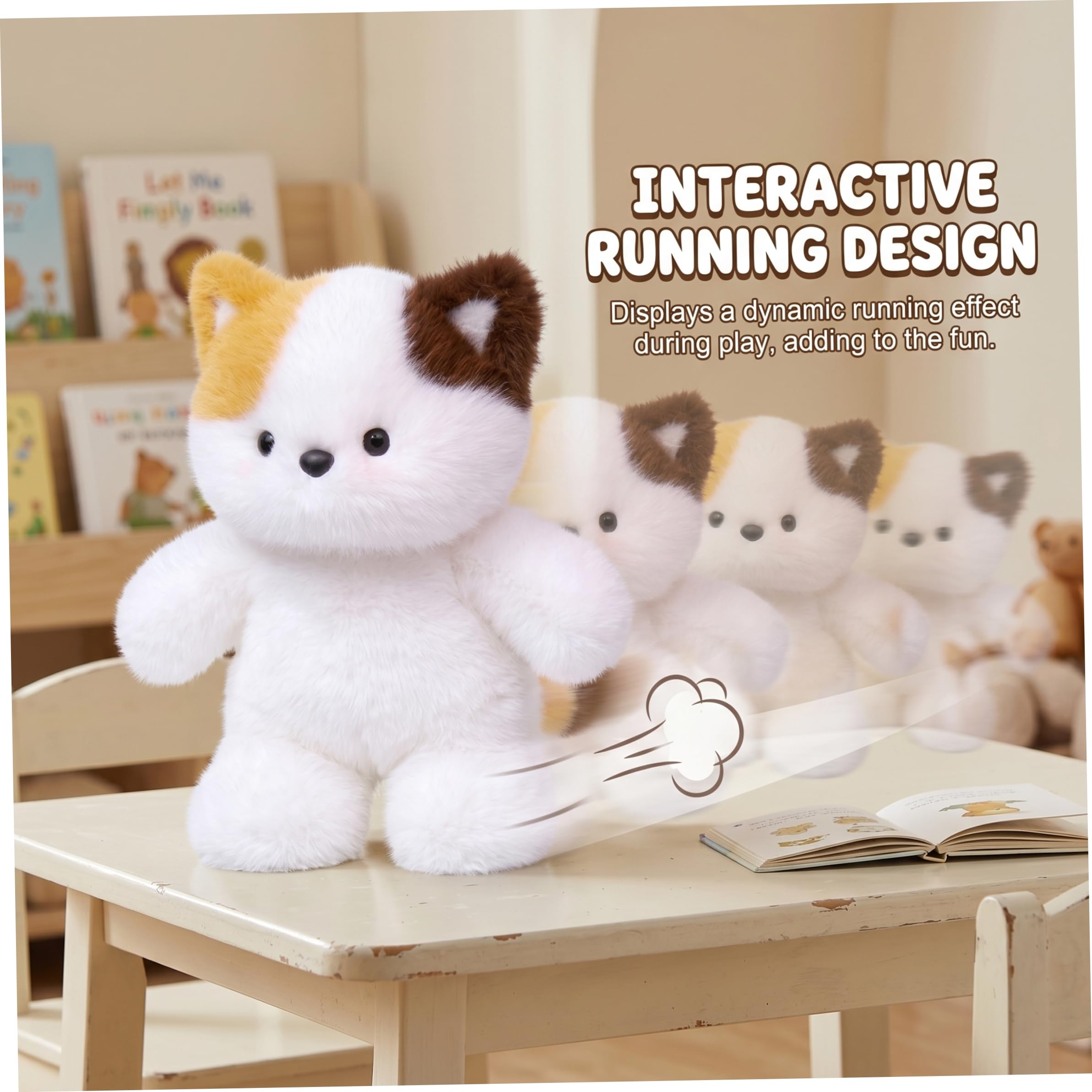 Calico Cat Running Animal de Peluche Juguete de Peluche con Babero Amarillo extraíble 17.72 Pulgadas