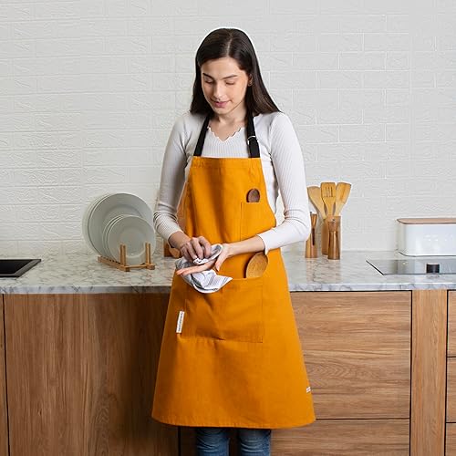 Miniatura 8 de Delantal de lona de algodón para mujeres y hombres, correa ajustable para el cuello y lazos en la cintura con bolsillos, cocina, cocina, hornear,