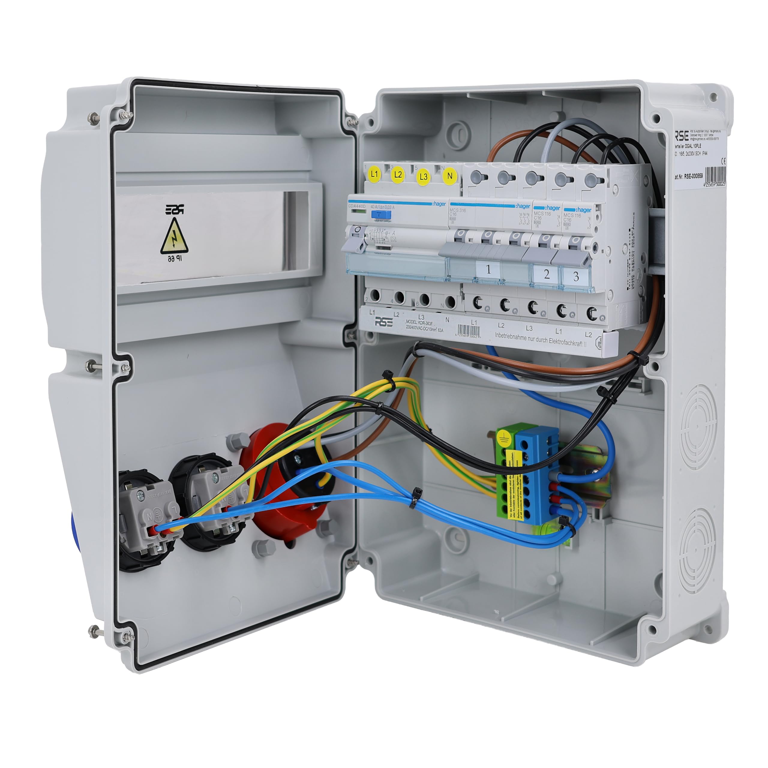 RSE BAUSTROMVERTEILER WANDVERTEILER KOMPLETT VERDRAHTET 32A 16A 230V MIT HAGER SICHERUNGEN IP65, RSE 14-16A/5P, 2x230V
