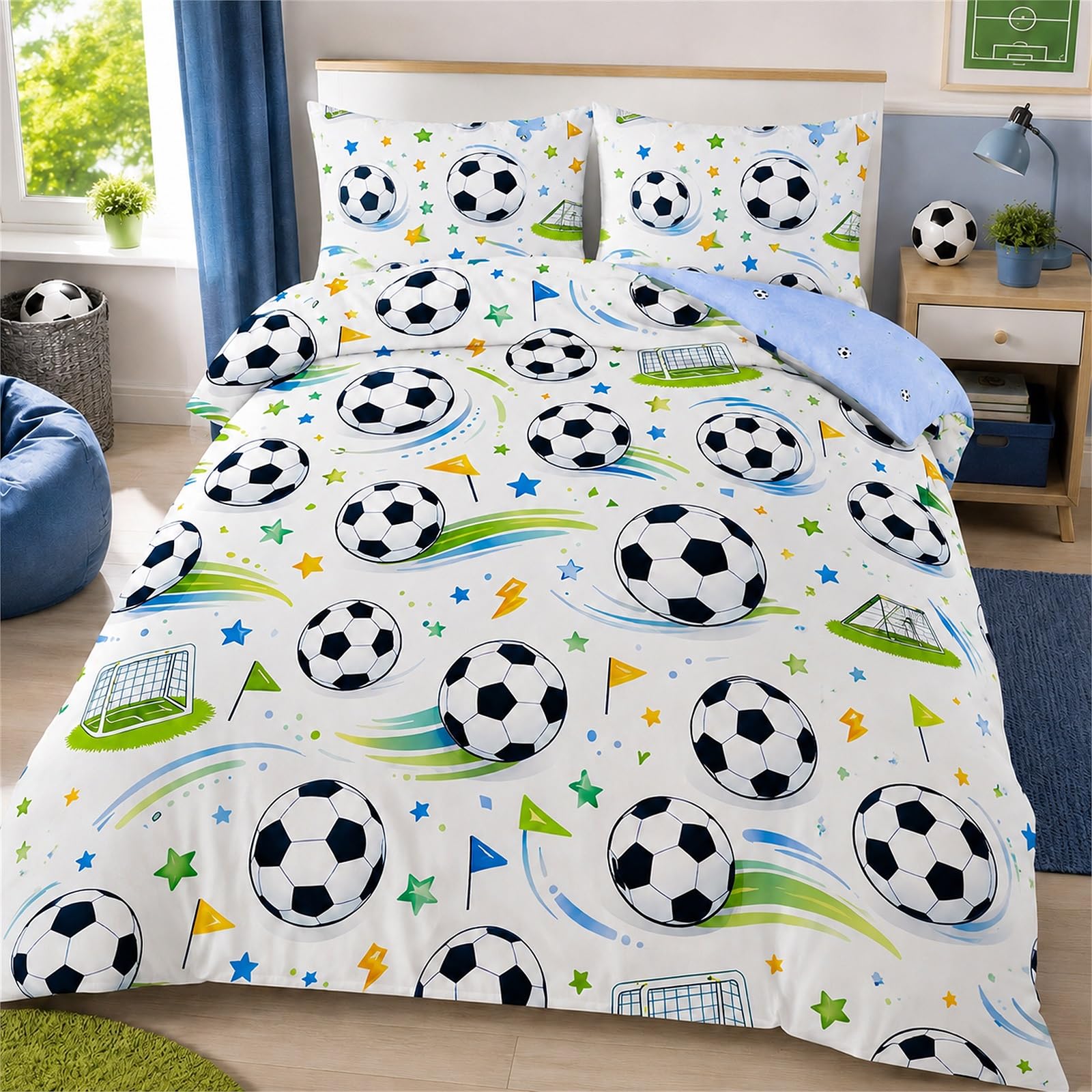 Vryxel Boys Kids Football Soft Bedding Double Duvet Cover Set Bed Zipper White Green 200 x 200 CM