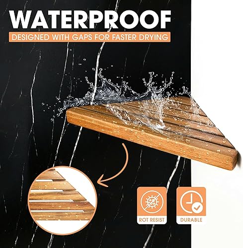 Miniatura 3 de ENKEZI Acacia - Estante esquinero de ducha de 2,3 niveles, estante esquinero triangular de madera para pared de azulejos, estante de esquina de