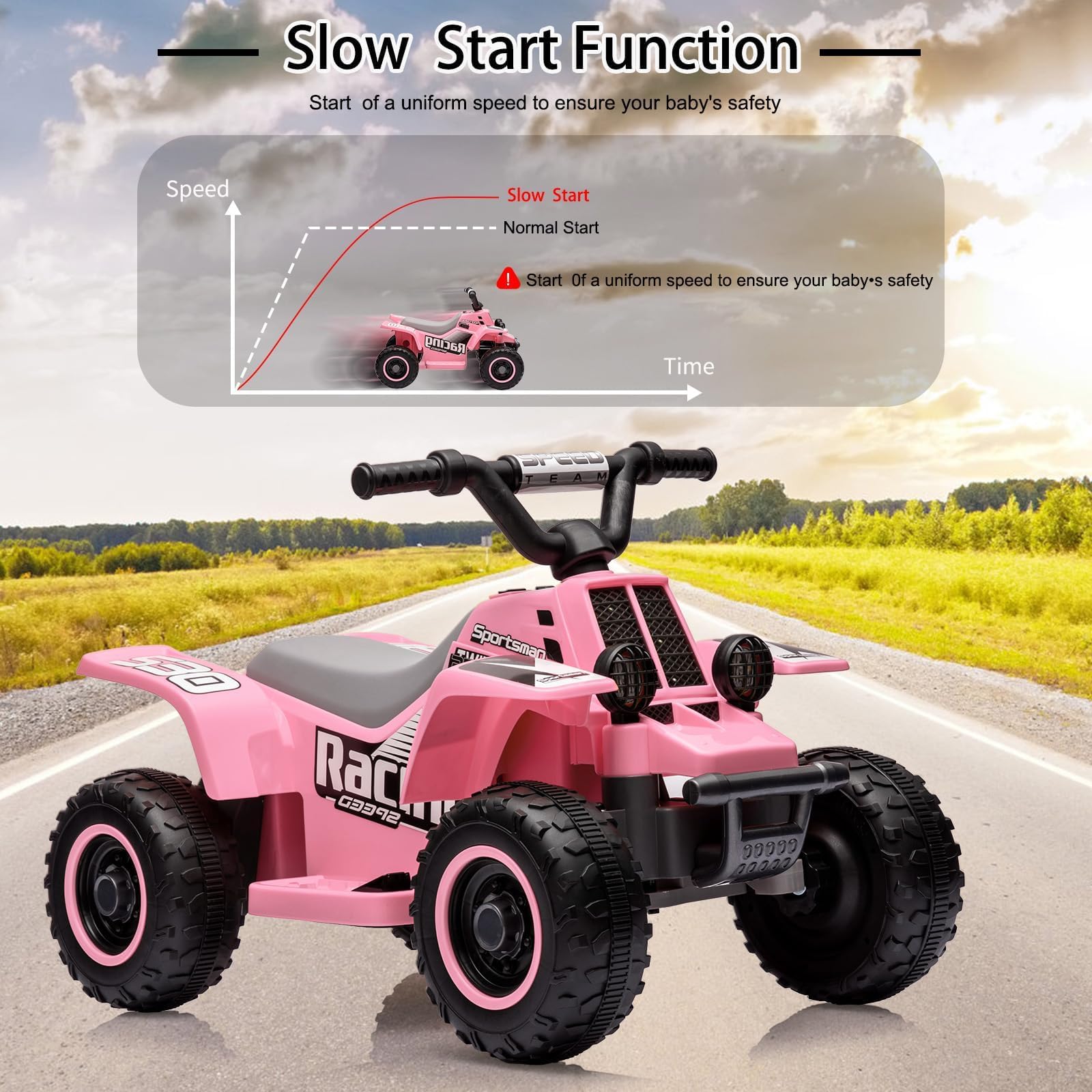 Quad Électrique pour Enfants 6V, ATV Électrique avec Klaxon, LED et Musique, Voiture Électrique à Monter avec Vitesse 3,5 km/h, Charge 25 kg, pour Enfants 3+ Ans, Rose