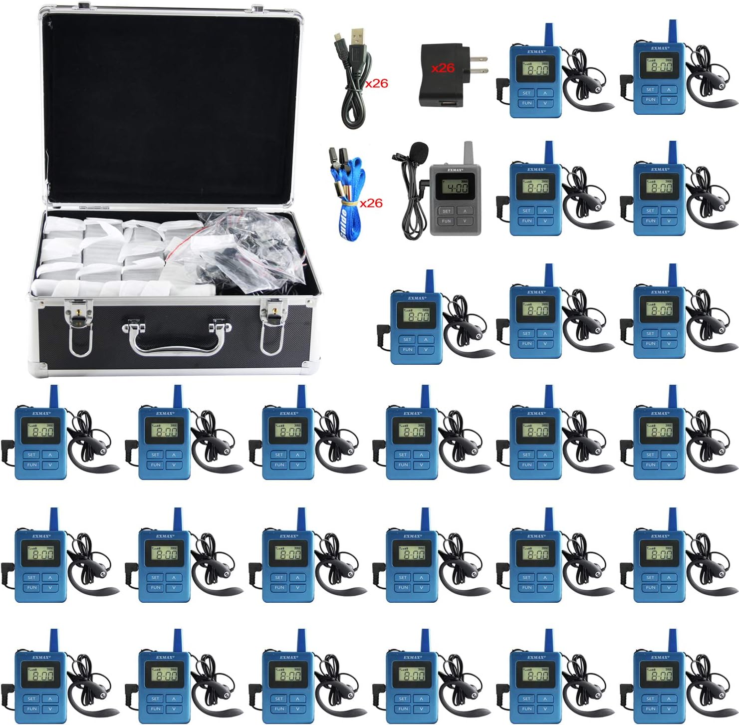 EXMAX® 470-490mHz Wireless Tour Guide Whisper Acoustic Transmission System for Travel,Conference,Training,Hajj,Church,Teaching(1 Transmitter 20 Receivers with Black Aluminium Storage Case)