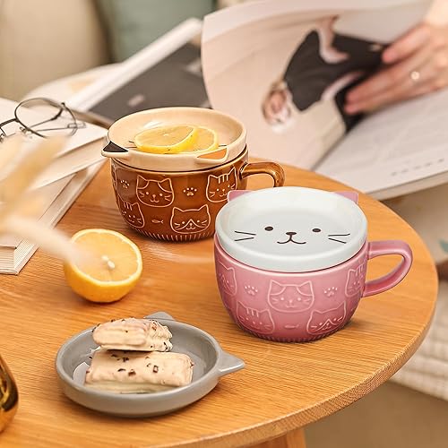 Miniatura 2 de Cute Ceramic Cat Coffee Mug with Lid,Kawaii Coffee Mugs or Tea Cups for Cat Lovers,Funny Novelty Cat Breakfast Mugs for Pink