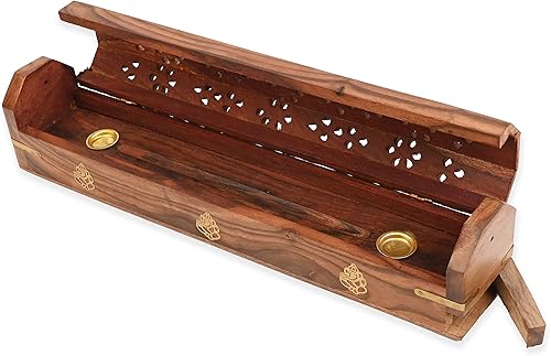 Miniatura 5 de Paquete de 2 soportes de incienso estilo ataúd - Quemador de incienso de madera con incrustaciones de Ganesh (natural) hecho a mano con