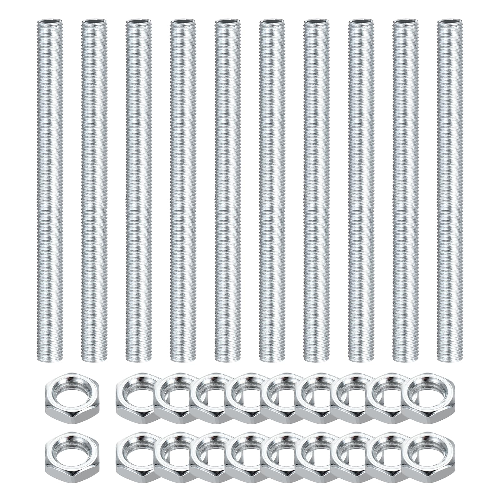 sourcing map 10Pcs 100mm Lamp Pipe Nipples Kit with Lock Nuts, M8x1 Fine All Threaded Hollow Tube Lamp Repair Hardware Fasteners for Chandelier Ceiling Lamps Assembly DIY, White Zinc