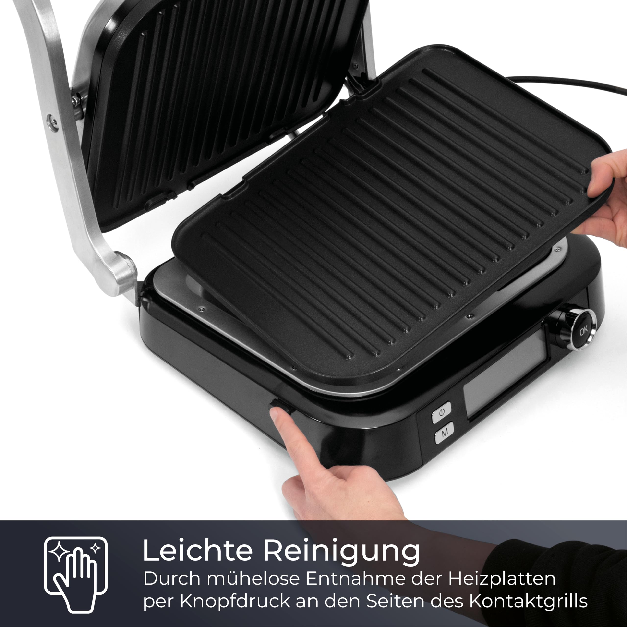KLAMER Kontaktgrill 2100 W – elektrischer Tischgrill mit 7 Automatikprogrammen, abnehmbaren Platten, Antihaftbeschichtung, einstellbarer Temperatur 70–230 °C, Cool-Touch-Griff, Edelstahl & Schwarz