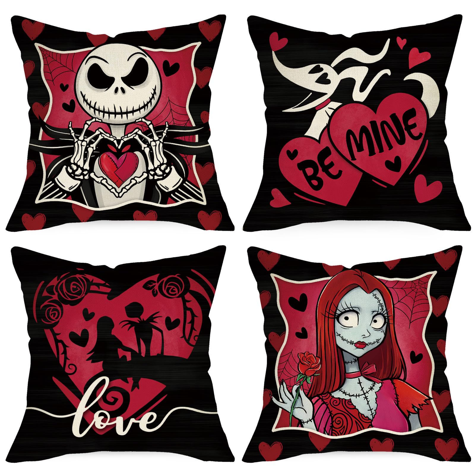 UssapUssap Valentine's Day Black Decorative Throw Pillow Covers 18x18 Set of 4, Jack Skellington Sally Skull Red Love Heart Cushion Case Decor, Be Mine Anniversary Wedding Holiday Home Decoration for Sofa