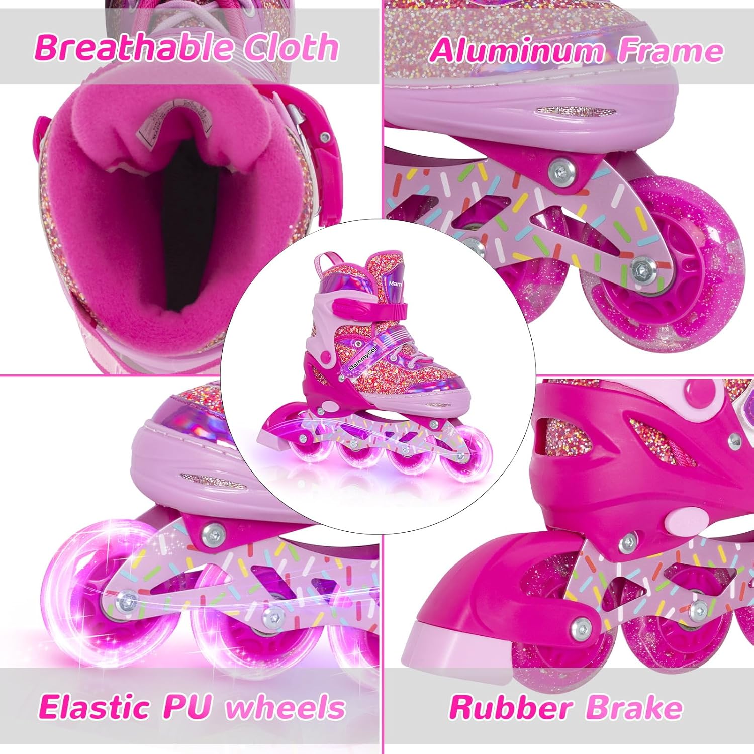 Mammygol Kids Inline Skates for Girls Kids, 4 Sizes Adjustable Girls Blades Roller for Ages 3-12 with Light up Wheels & Safety Protection - Cool Birthday Gift for Indoor Outdoor Sports