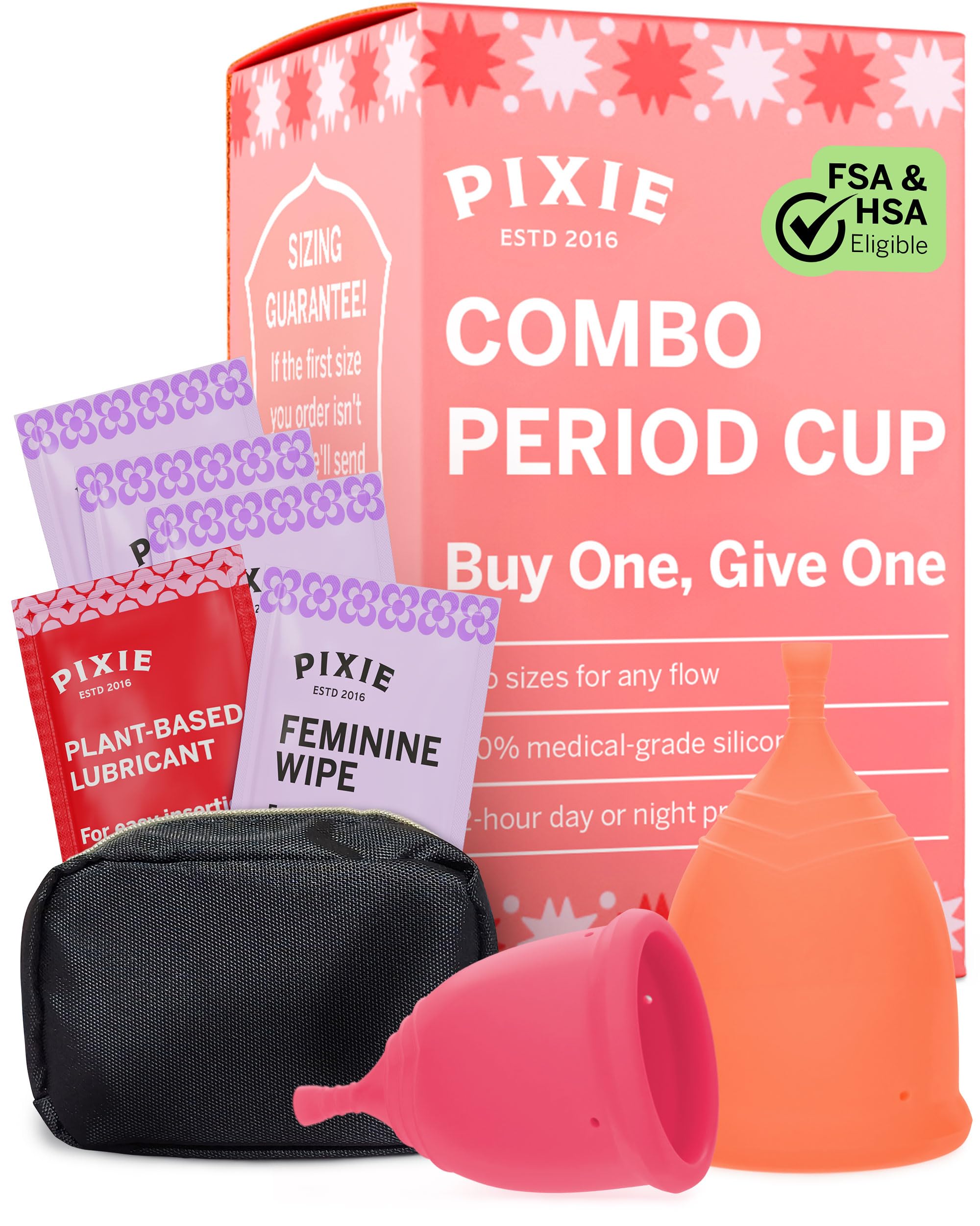 2 Pixie Menstrual Cups - No Metals or Toxins - Ranked 1 for The Most Soft Reusable Period Cups - Wear 12 Hours - 100% Medical-Grade Silicone - Tampon Alternative - Buy One We Give One (Combo)