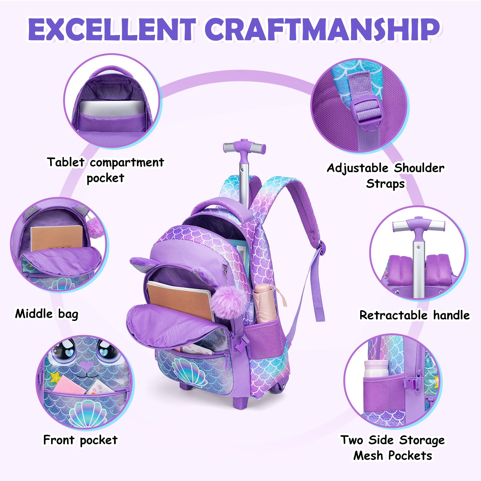 Kinder Rucksack mit Rollen für Mädchen die Schule Große Augen Tier Leopard Koffer Schultrolley Komplett mit Lunchbag Federmäppchen-Set Geeignet Grundschüler Jugendliche 5-12 Jahre Alt Lila