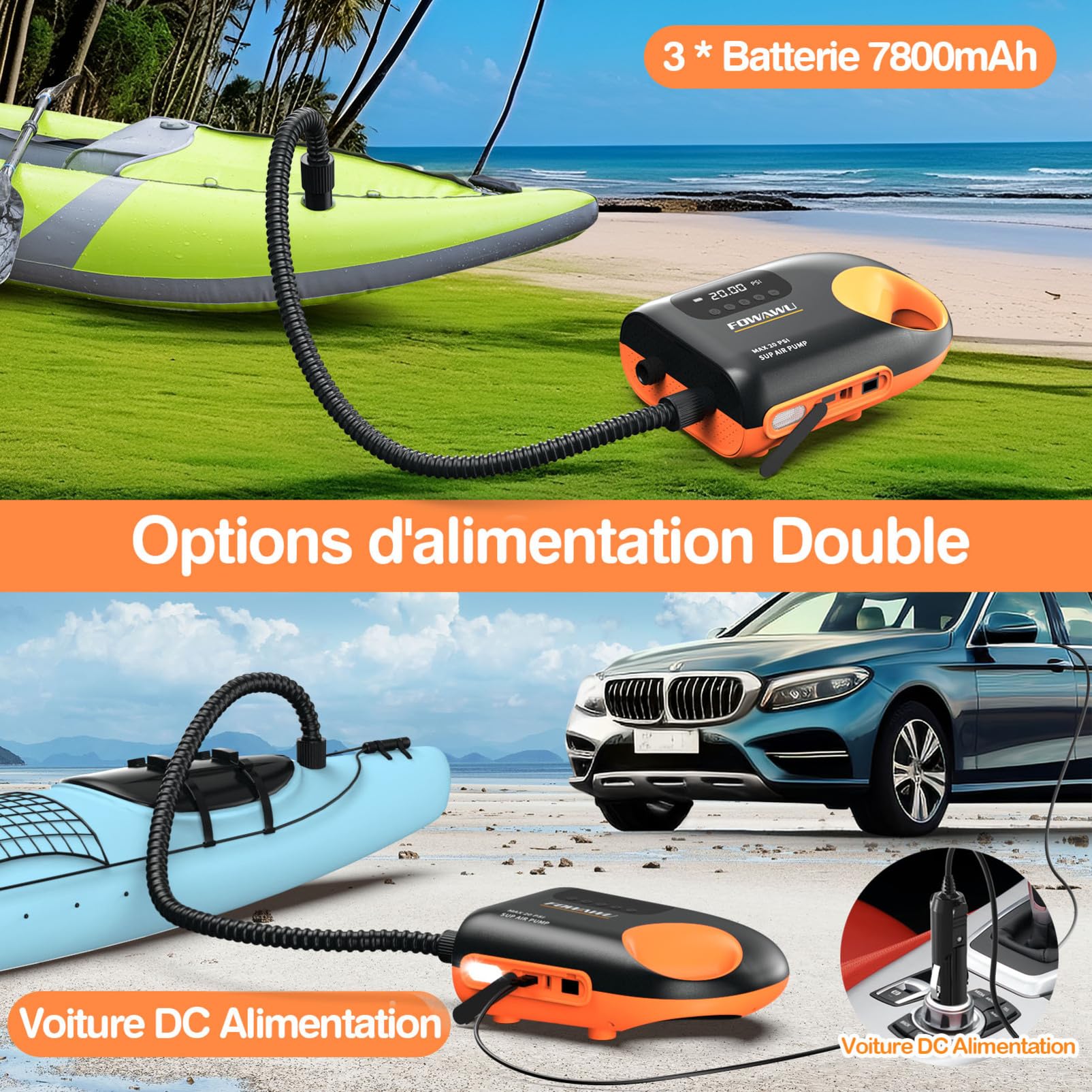 FOWAWU Gonfleur Electrique Paddle Pompe Paddle Electrique 20 PSI, Gonfler et Dégonfler Système à Deux Vitesses 12 V CC, Arrêt Automatique pour Kayak, tentes, Bateaux