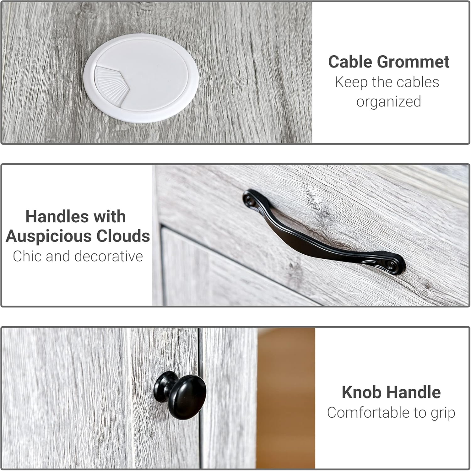 Close-up of cable grommet, decorative handles, and knob handle