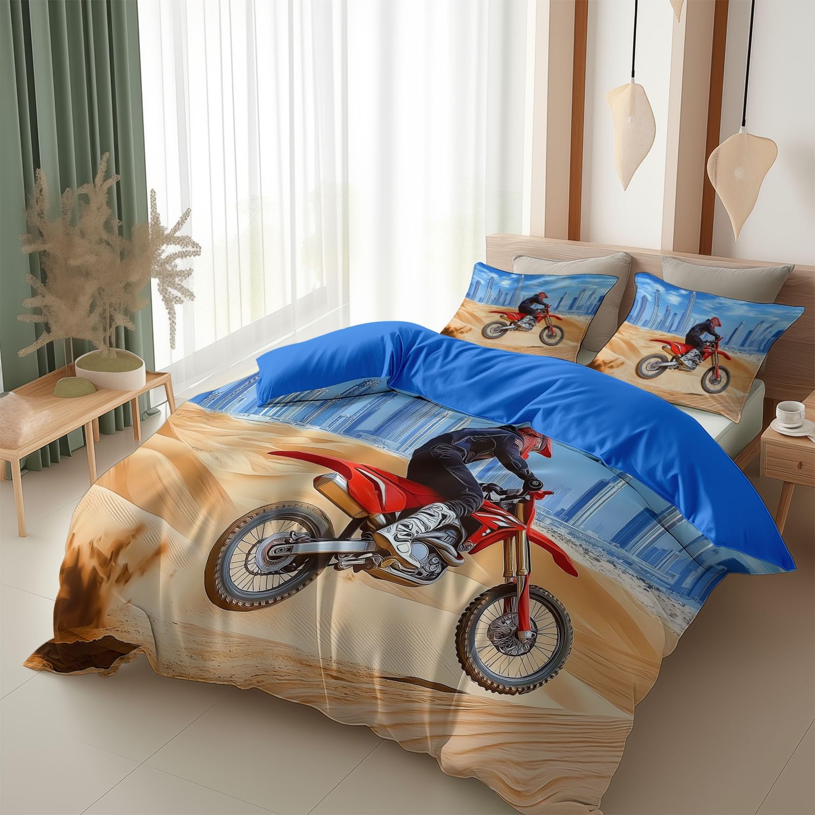 Komplet pościeli 260 x 240 cm, dla dorosłych, chłopców i dziewczynek, kreskówkowy komiks motocrossowy, wodospad, poszwa na kołdrę dla 2 osób, z zamkiem błyskawicznym, 3-częściowy z 2