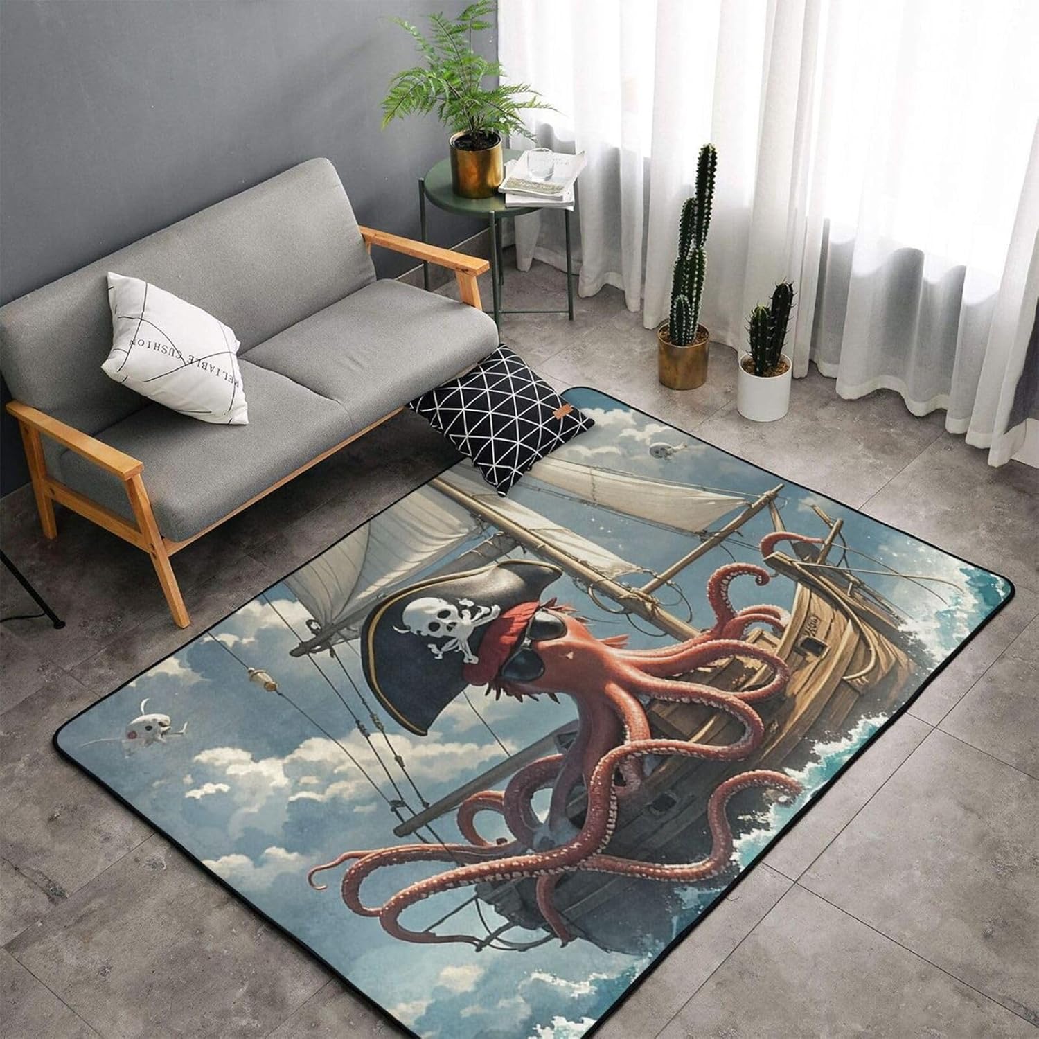 Area Rug Non-Slip Floor Mats Sailing Pirate Octopus Rugs for Living Room Doormat Vintage Living Room Rug Floor Carpet Washable Rugs for Bedroom Dining Home Decor Large Carpet 60x39 in