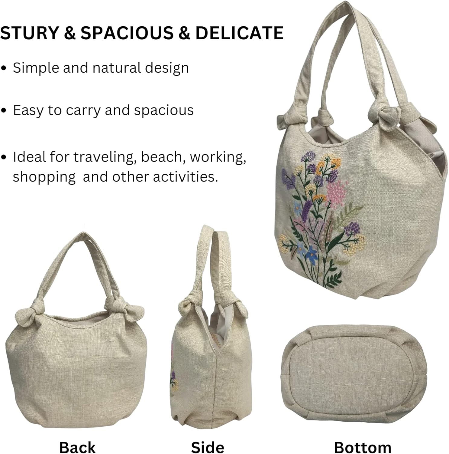 HCRAFT Embroidered Handbags for Women, Colorful Flower Shoulder Tote Bag with Zipper Fabric Hobo Bags, Mother's Day Bag
