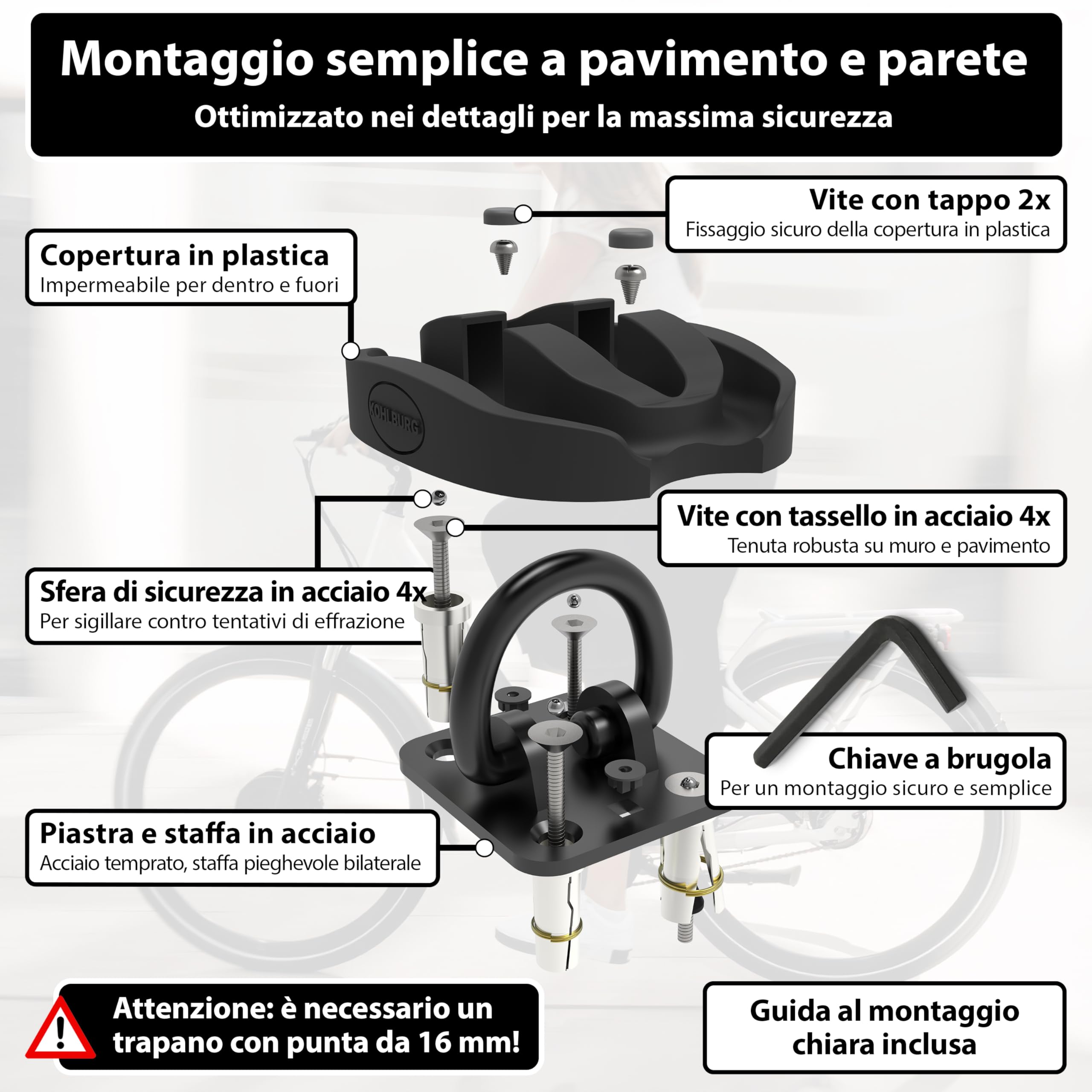 KOHLBURG Ancoraggio di Sicurezza Pavimento e Parete Massimo Livello Sicurezza 15+ per Moto Scooter e‑Bike con Arco 14 mm in Acciaio Speciale temprato antifurto Bici a Muro e Pavimento Cantina Garage