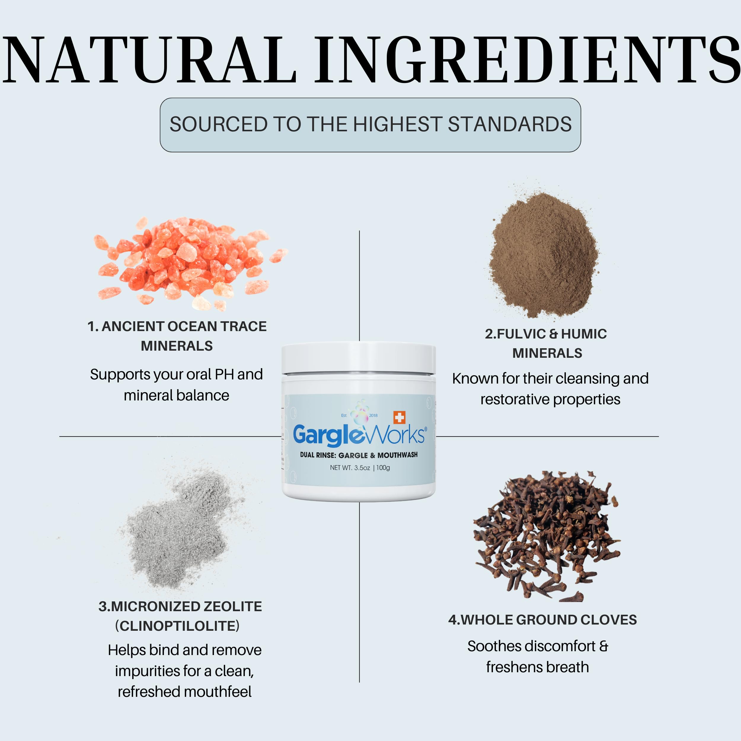 Enjuague bucal dual natural y gárgaras de garganta para aliento fresco e higiene e inmunidad oral, con zeolita, minerales húmicos y fúlvicos, clavo y minerales traza oceánicos 4