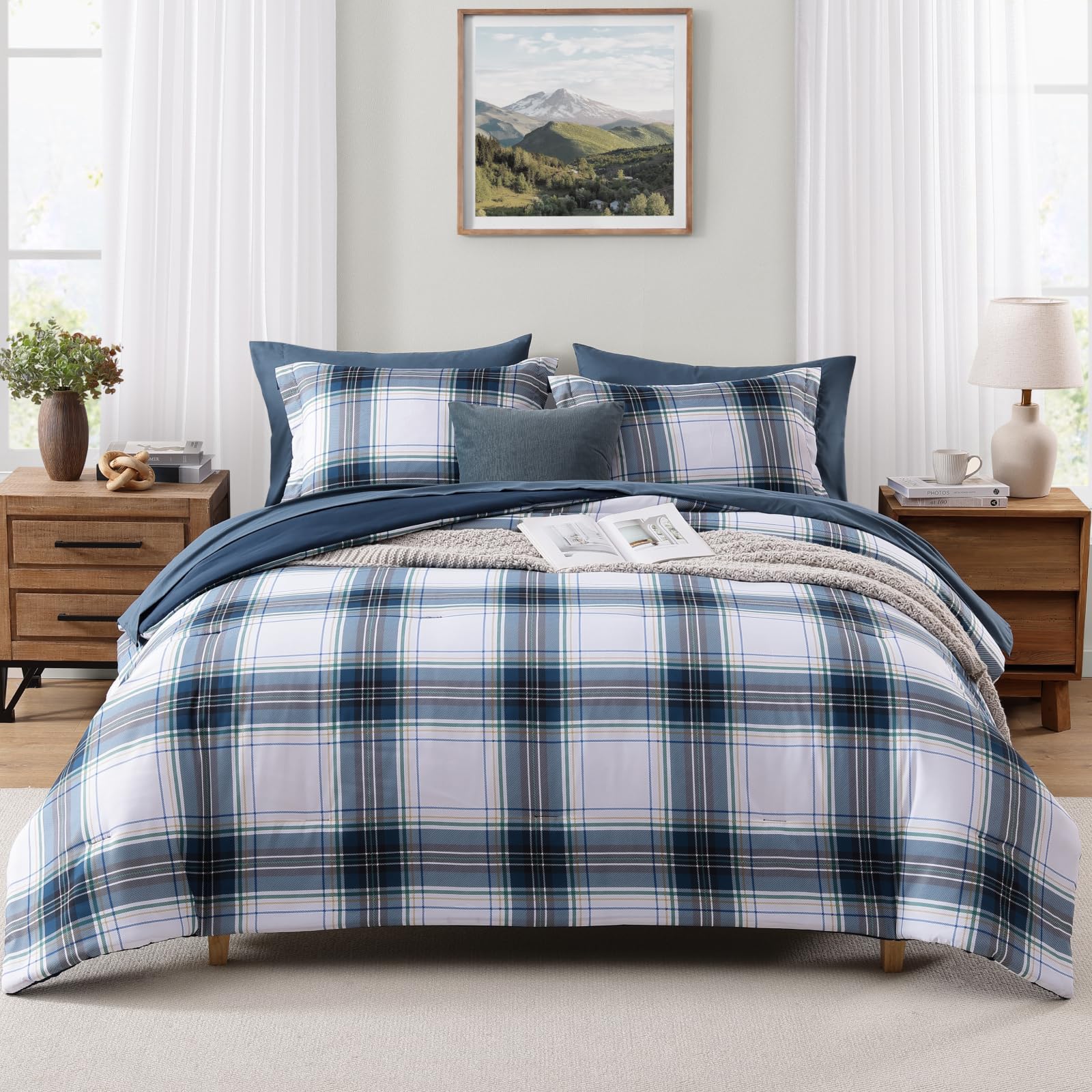 MaiRêve Queen Size Plaid Comforter Set Blue White, Classic 7 Pieces Farmhouse Bedding Set, All Season Lightweight Bed in A Bag with Sheets, Pillowcases & Shams