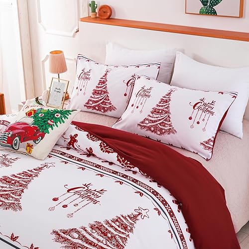 Miniatura 4 de Juego de funda de edredón de Navidad, tamaño Queen, con copos de nieve, árbol de Navidad, a rayas, juego de ropa de cama de microfibra suave y