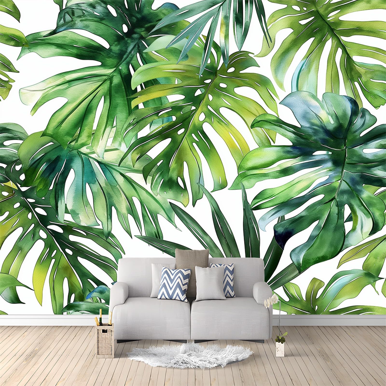 Tapeta 300 x 210 cm, tapeta z włókniny, tropikalne liście w stylu akwareli, wodoodporna, folia ochronna na ścianę, do sypialni, salonu, tapeta ścienna, fototapeta, biała i zielona, w zestawie poradnik