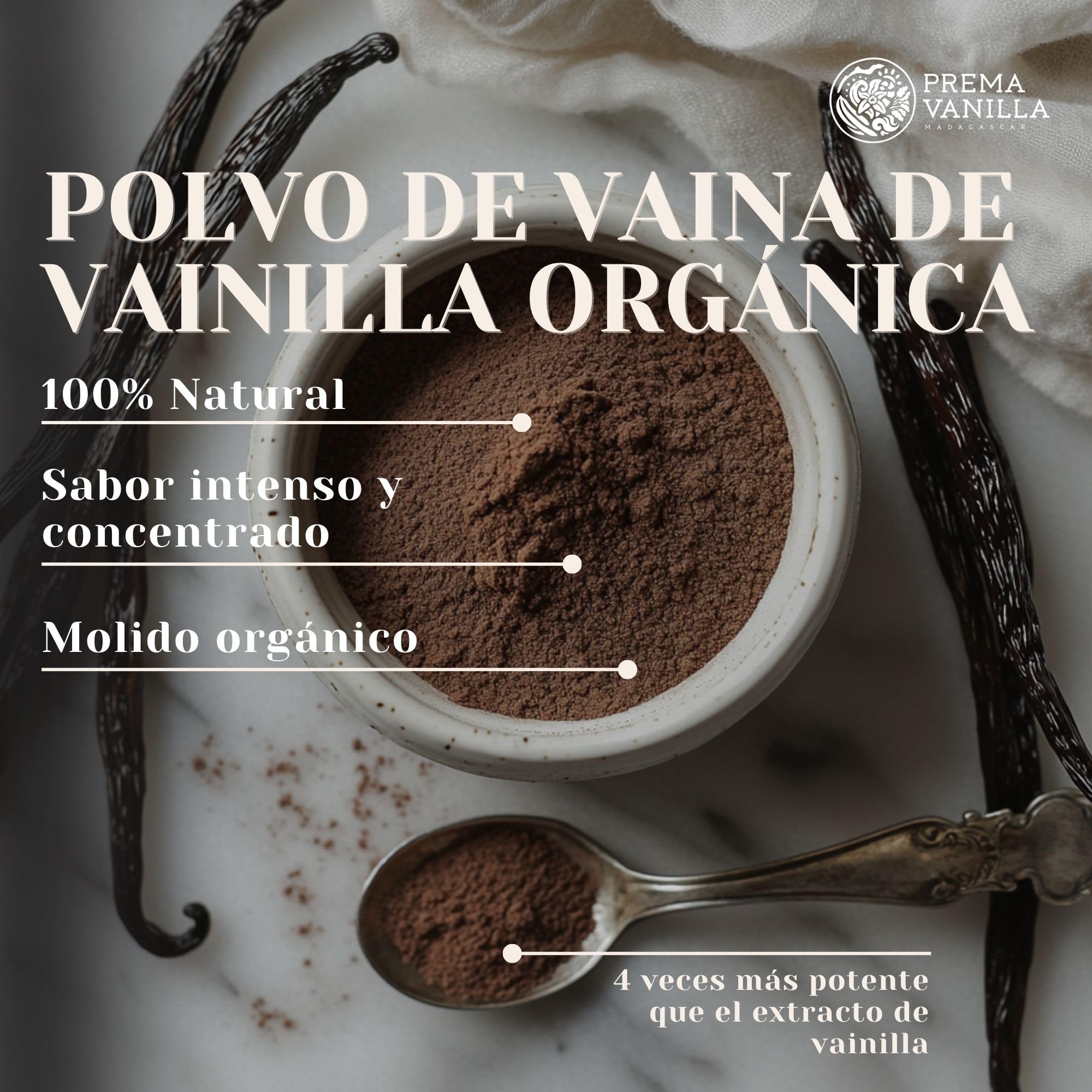 PREMA VANILLA Polvo de Vainilla Bourbon Premium – Vainilla en Polvo 100% Natural y Orgánica – Elaborada a partir de Vainas de Vainilla de Madagascar – Calidad Gourmet – Aroma Puro e Intenso